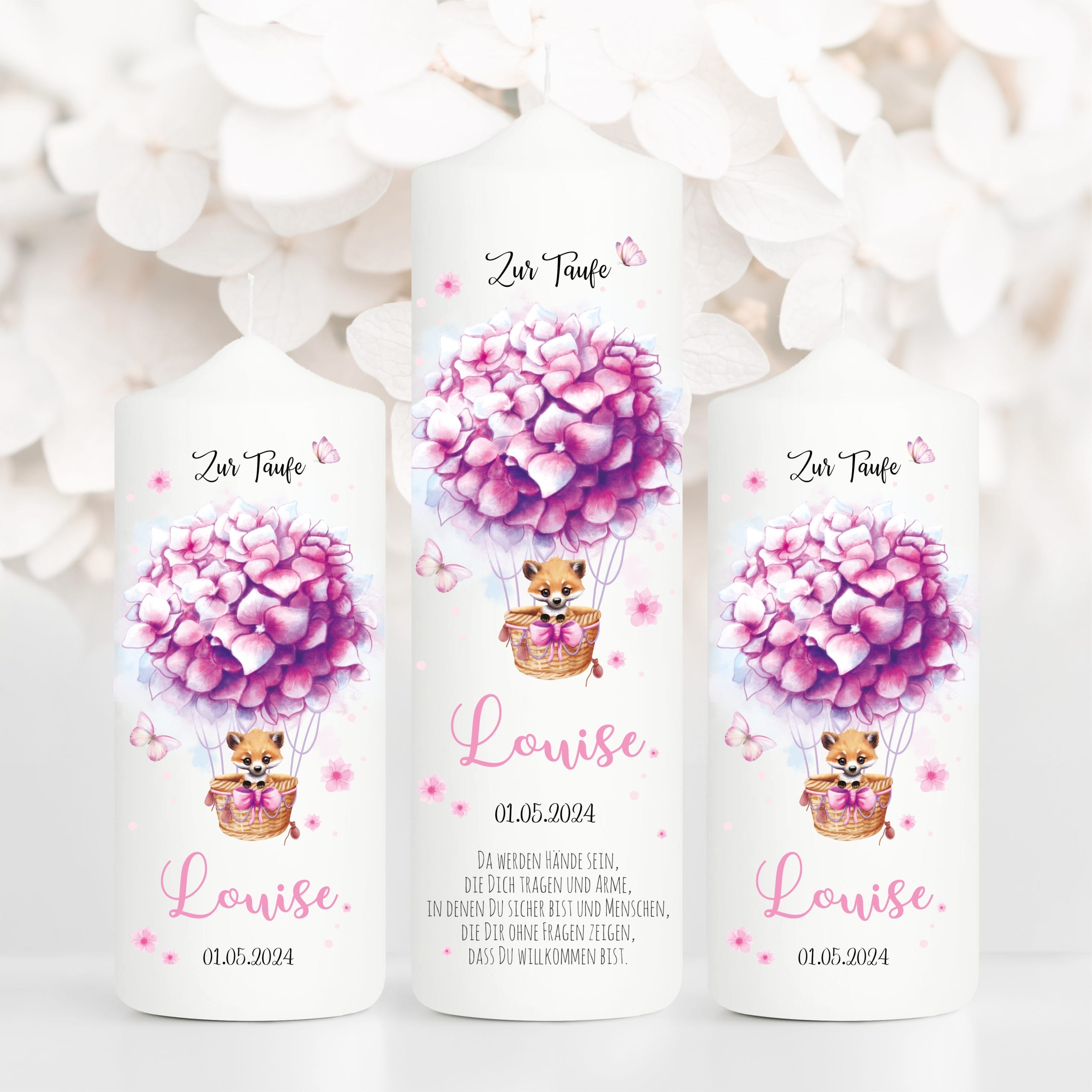 Auf dem Bild ist das Produkt: Taufkerze Junge Mädchen Heißluftballon Fuchs Blumen bedruckt personalisiert Kerze Kind Kirche zum Preis von €5.9 abgebildet.