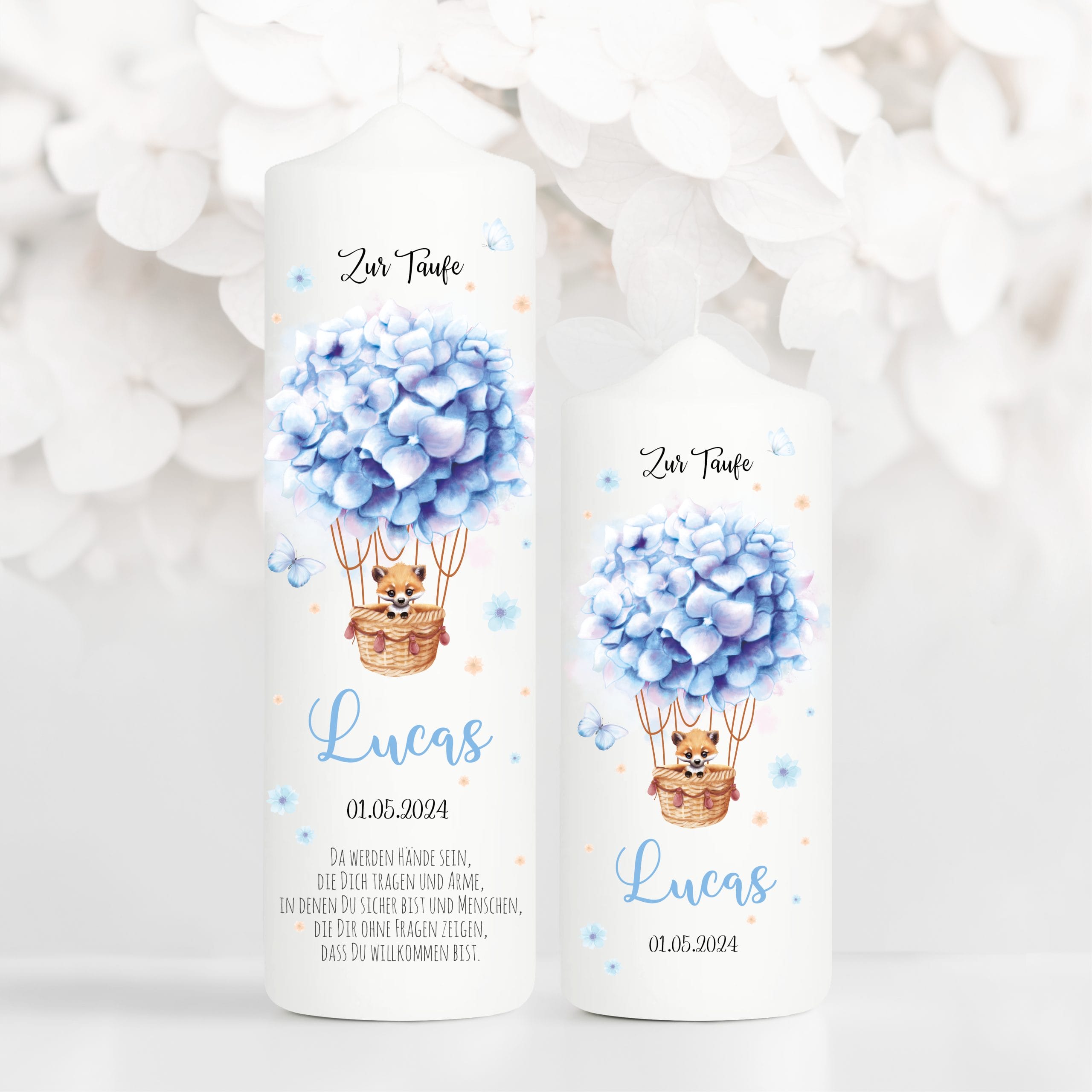 Auf dem Bild ist das Produkt: Taufkerze Junge Mädchen Heißluftballon Fuchs Blumen bedruckt personalisiert Kerze Kind Kirche zum Preis von €5.9 abgebildet.