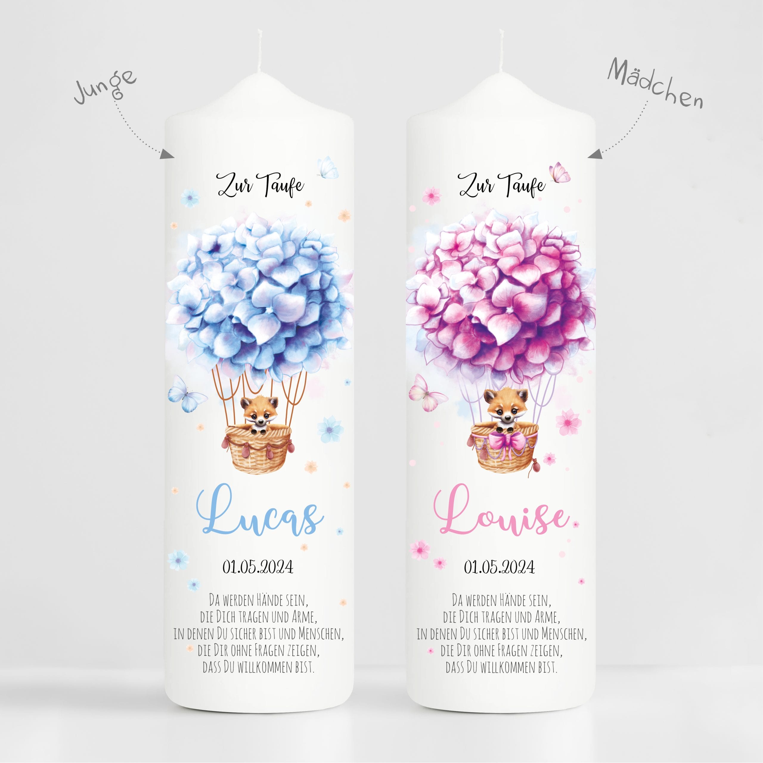 Auf dem Bild ist das Produkt: Taufkerze Junge Mädchen Heißluftballon Fuchs Blumen bedruckt personalisiert Kerze Kind Kirche zum Preis von €5.9 abgebildet.