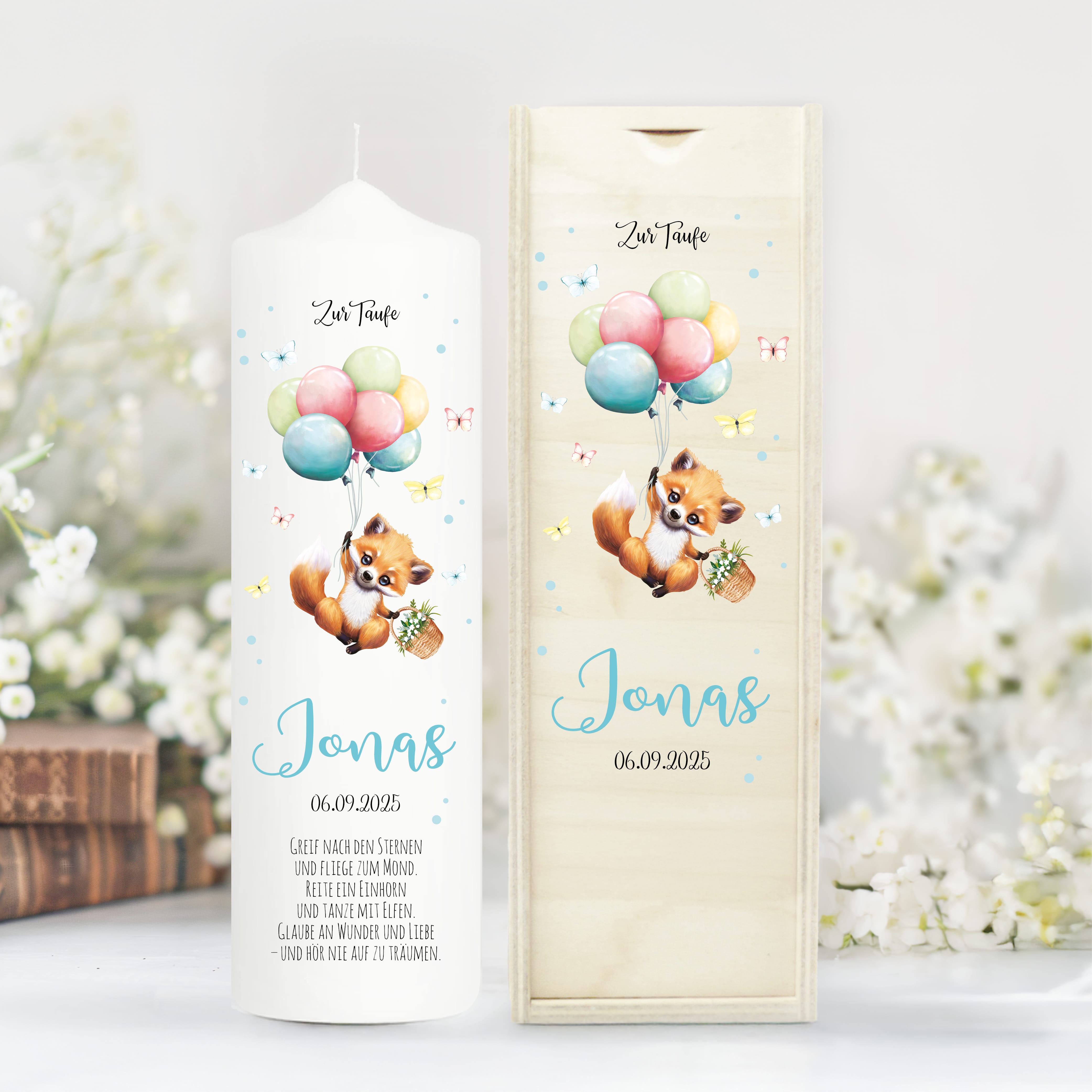 Taufkerze Junge Mädchen Fuchs Ballon Baby personalisierte Kerze zur Taufe mit Namen, Datum und eigenem, vorgegebenem oder keinem Taufspruch Taufgeschenk