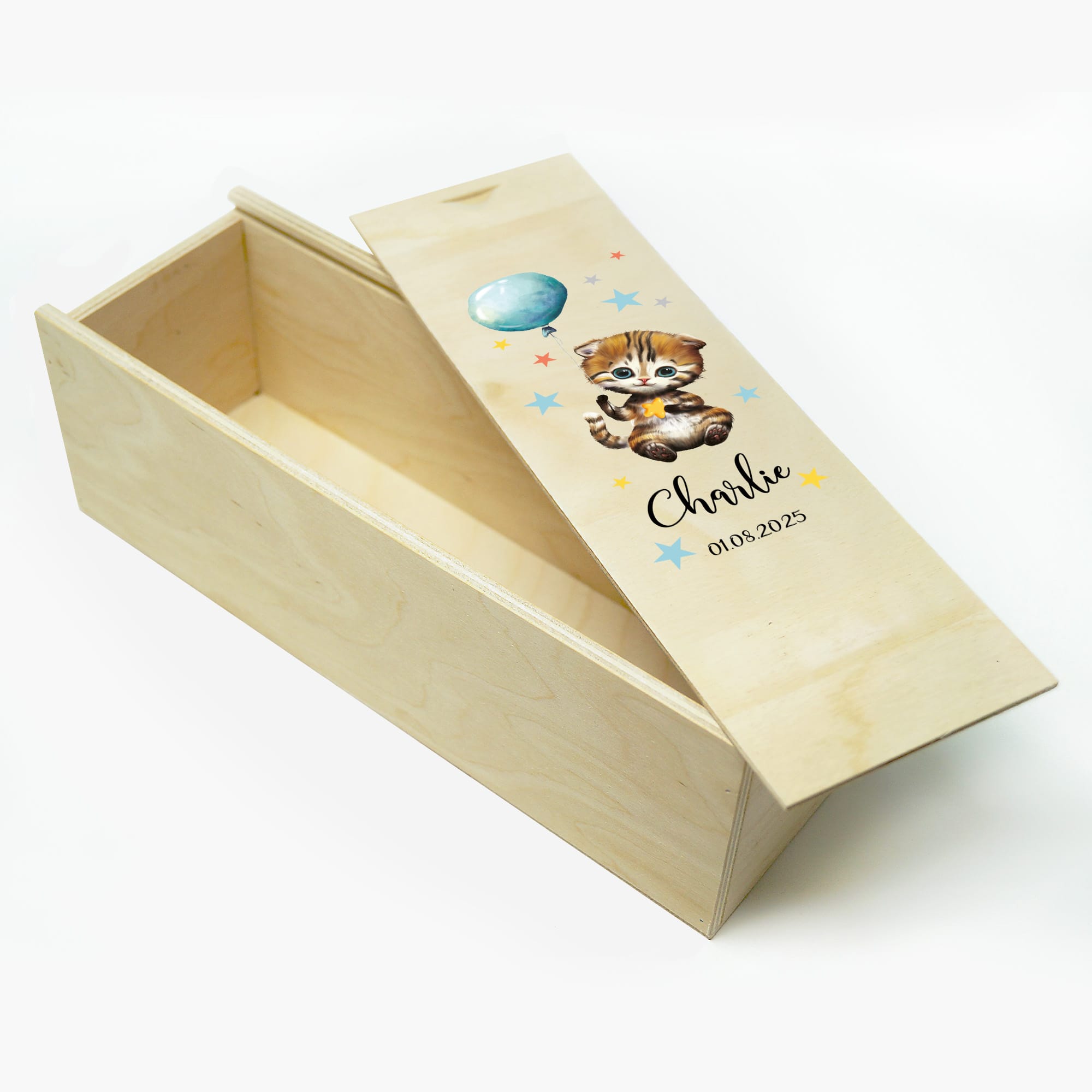 Auf dem Bild ist das Produkt: Taufkerze Junge Mädchen personalisiert Katze Ballon Baby Kerze zur Taufe mit Namen Datum Taufspruch zum Preis von €5.90 abgebildet.
