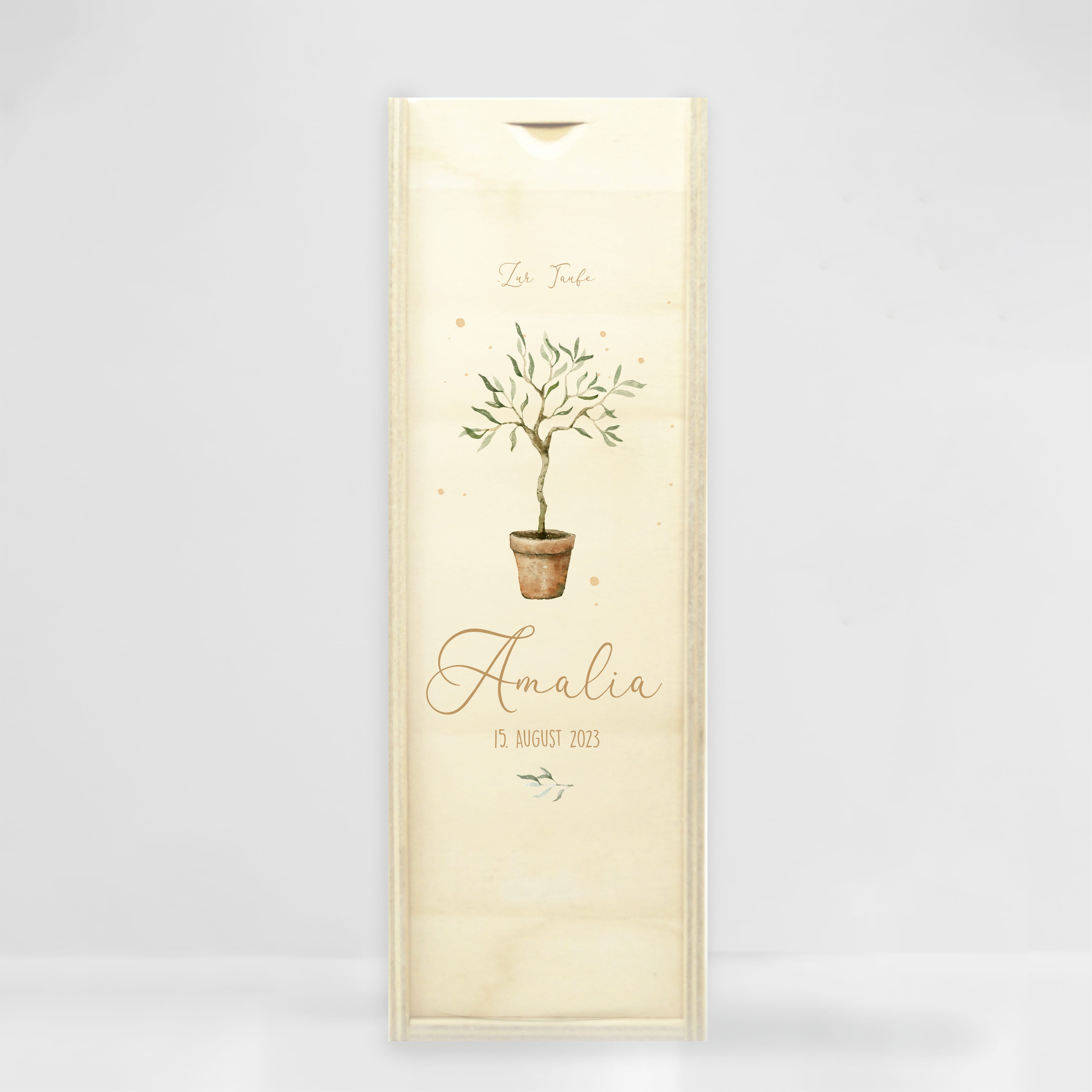 Auf dem Bild ist das Produkt: Taufkerze oder Kerze zur Geburt Junge Mädchen junger Oliven Baum Bäumchen pastell mit Namen, Datum und Spruch zum Preis von €5.90 abgebildet.
