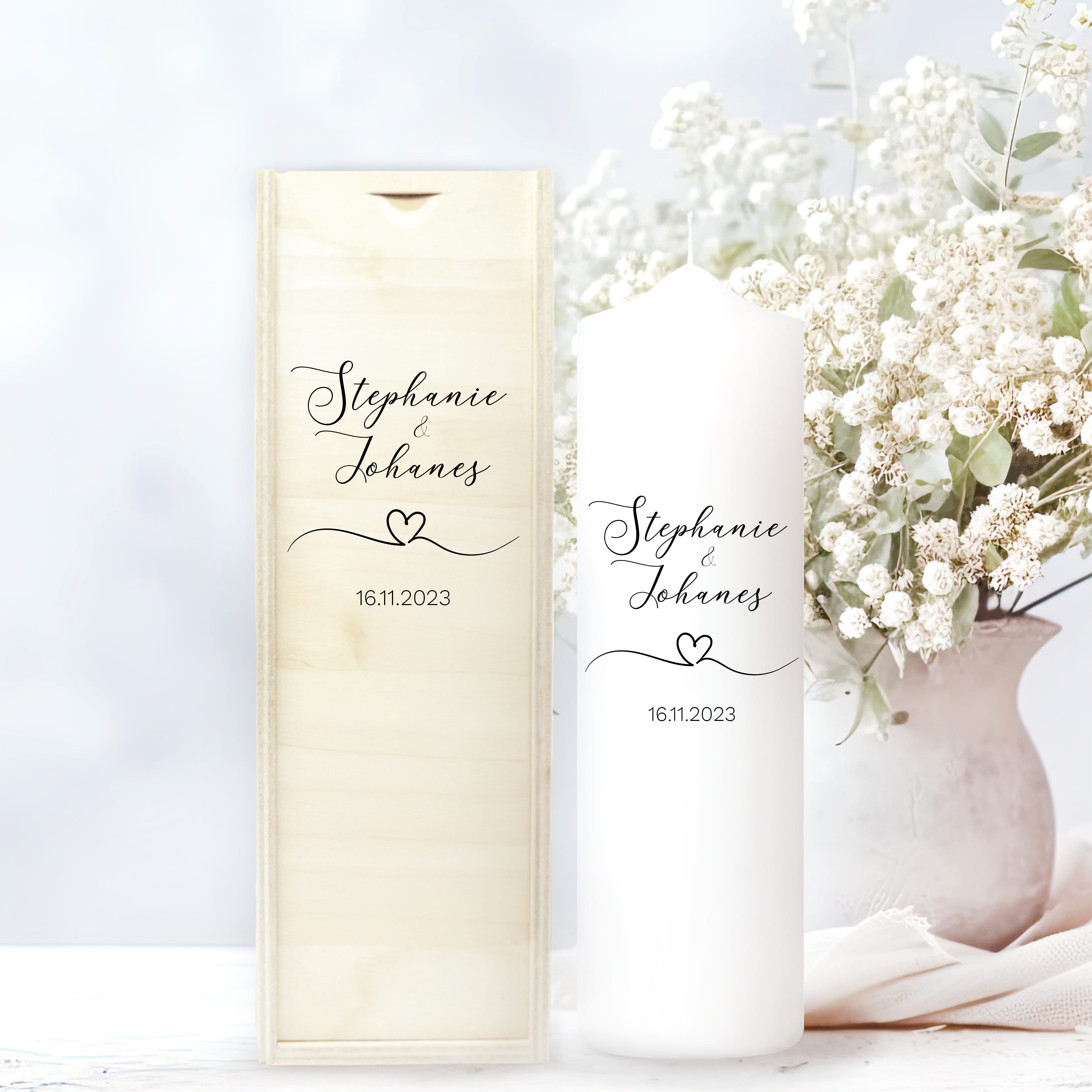 Hochzeitsgeschenk Kerze mit Namen, Datum und einem kleinen Herzen, Geschenk zur Hochzeit, Hochzeitskerze