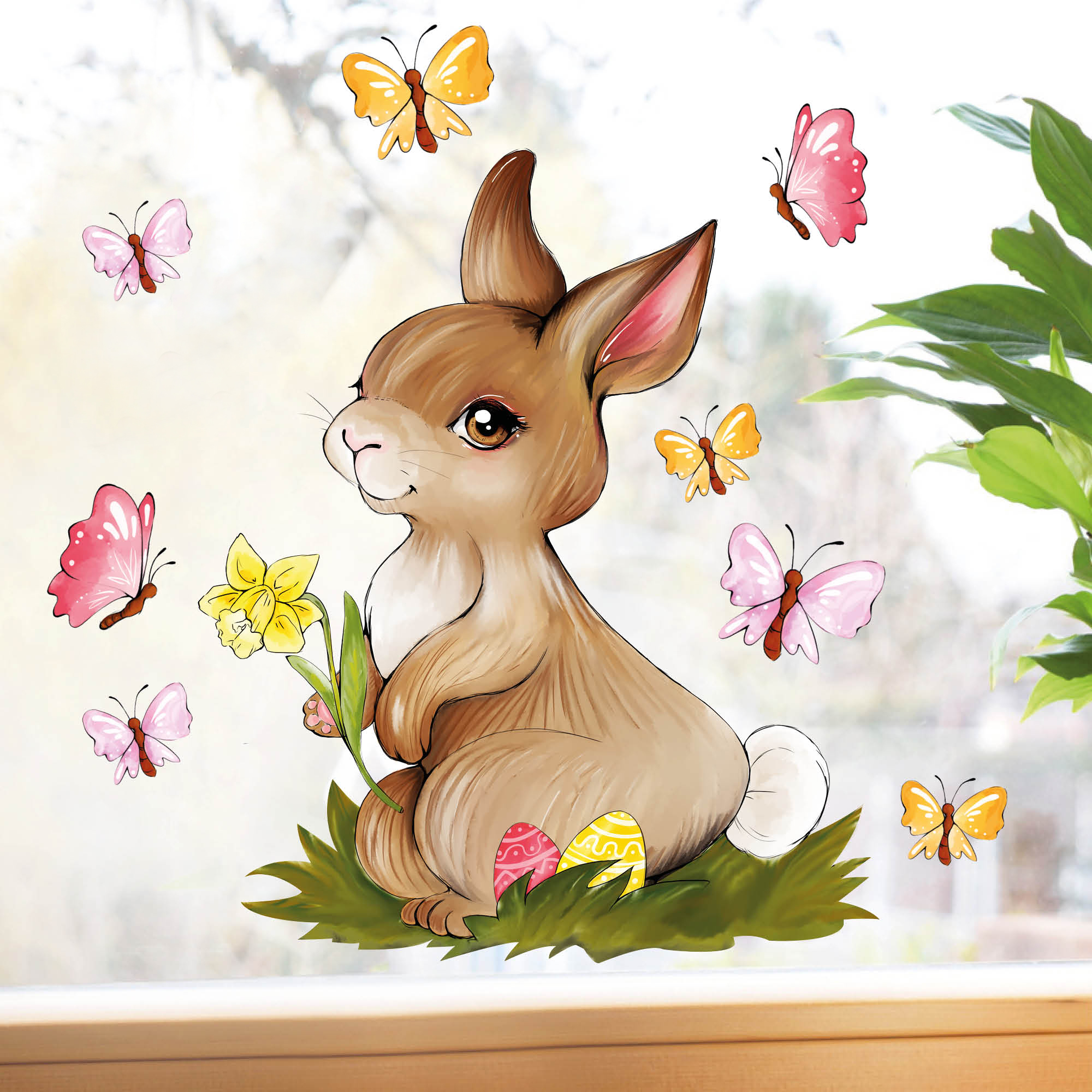Fensteraufkleber Frühling Kinderzimmer Hase mit Schmetterlingen Fensterbild Osterdeko Frühlingsdeko