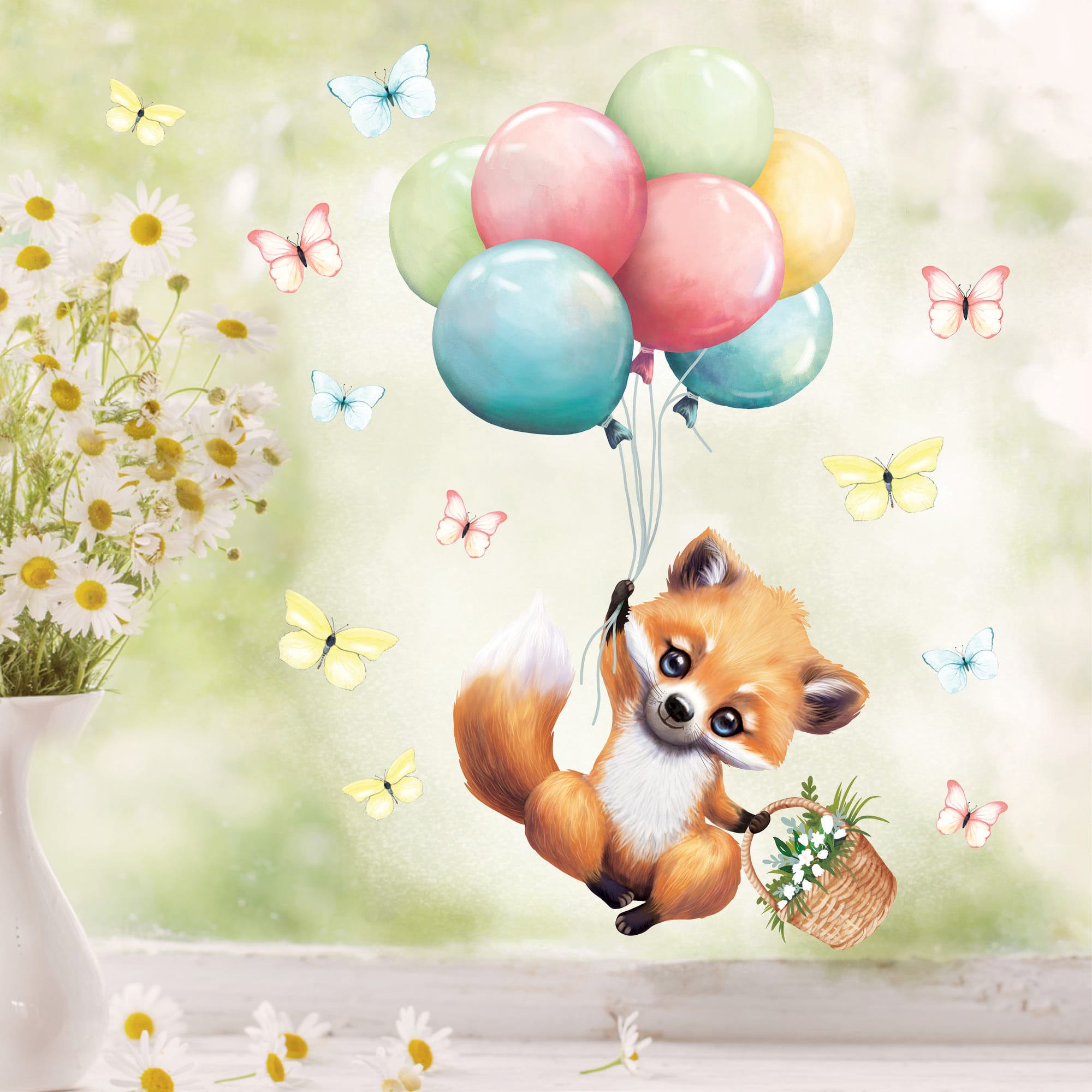 Auf dem Bild ist das Produkt: Fensterbild Kinderzimmer Frühling Ostern Fuchs Luftballons Schmetterlinge Fensterdeko Kind, Frühlingsdeko, Osterdeko zum Preis von €13.90 abgebildet.
