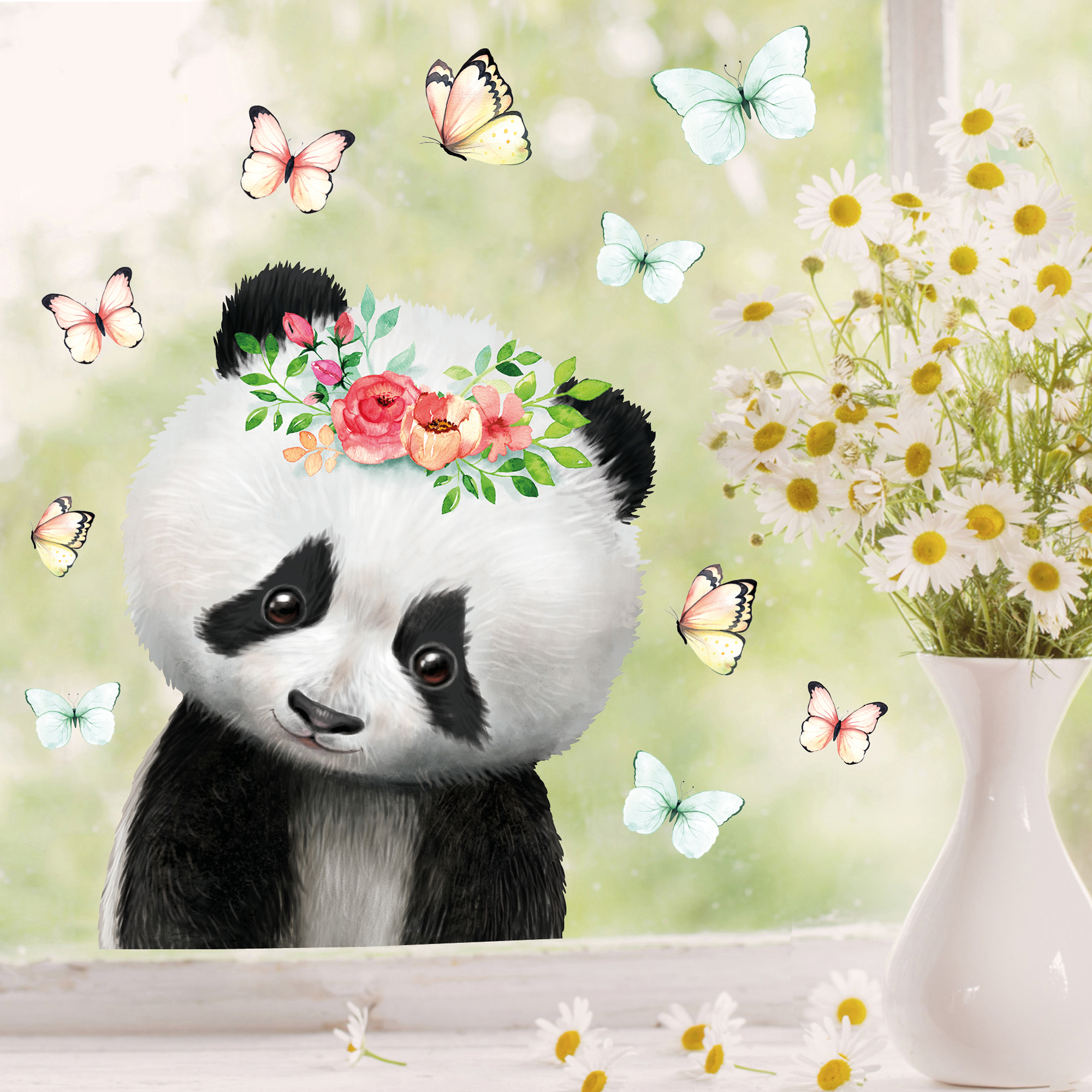 Fensterbild Frühling Ostern Panda mit Blumen und Schmetterlingen Fensterdeko Kinderzimmer Kind