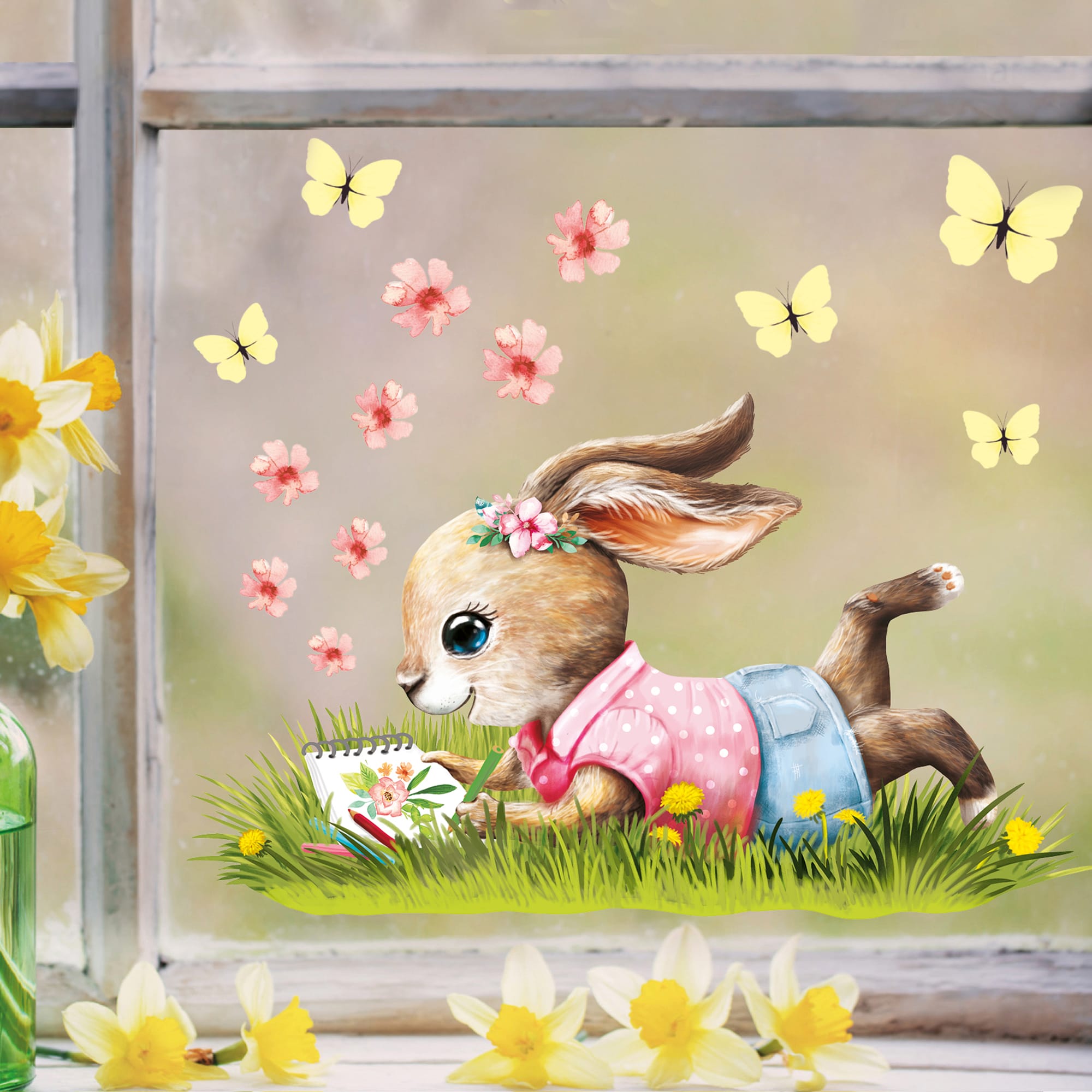 Fensterbild Frühling Ostern Hase Mädchen auf Wiese malt Schmetterlinge Blüten Fensterdeko Kinderzimmer Kind, Frühlingdeko, Osterdeko