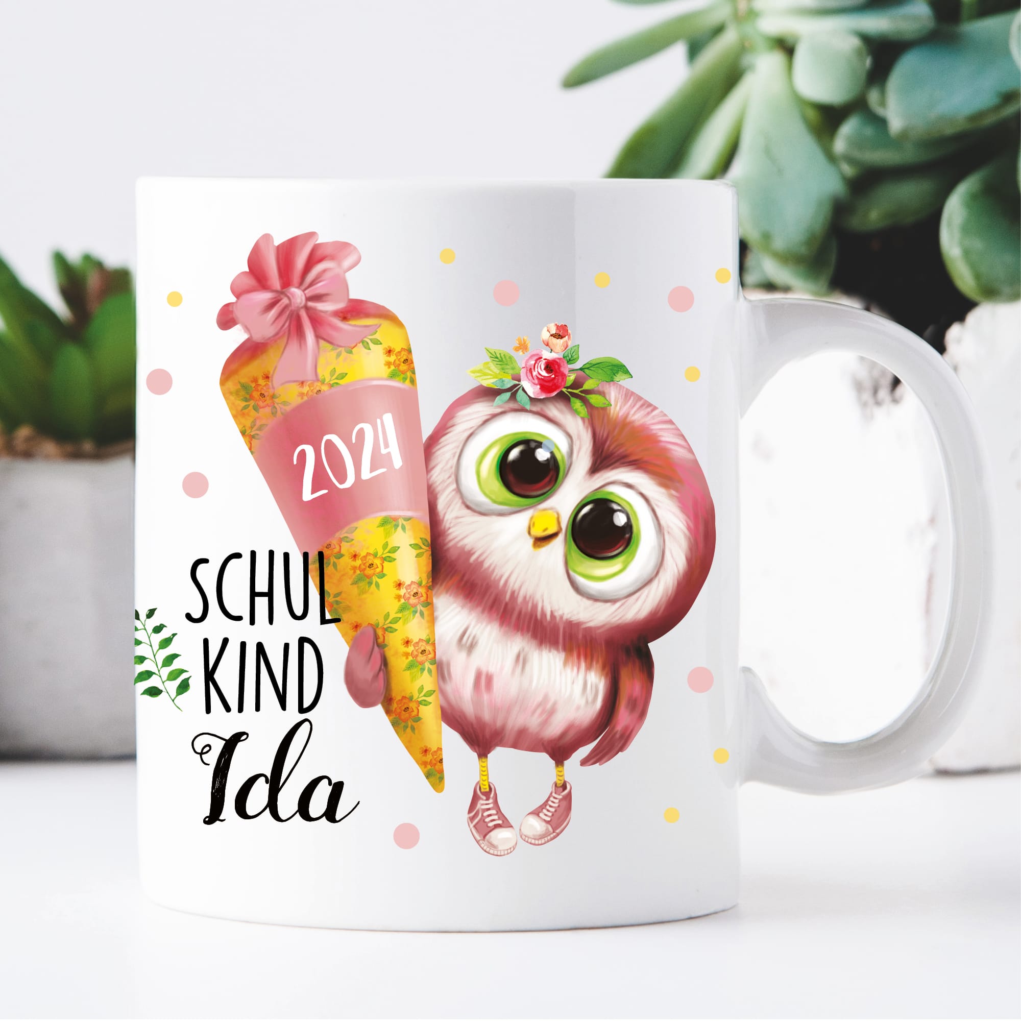 Tasse aus Keramik oder Kunststoff bedruckt Eule Mädchen Schulkind Schultüte personalisiert mit Wunschnamen