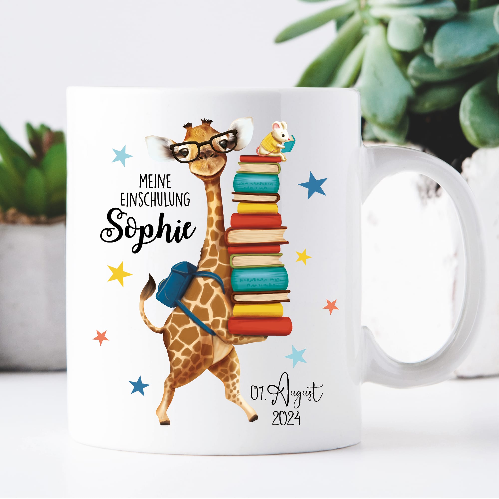 Personalisierte Tasse aus Keramik bedruckt Giraffe mit Wunschnamen und Datum Einschulung 330 ml Geschenk zum Schulanfang