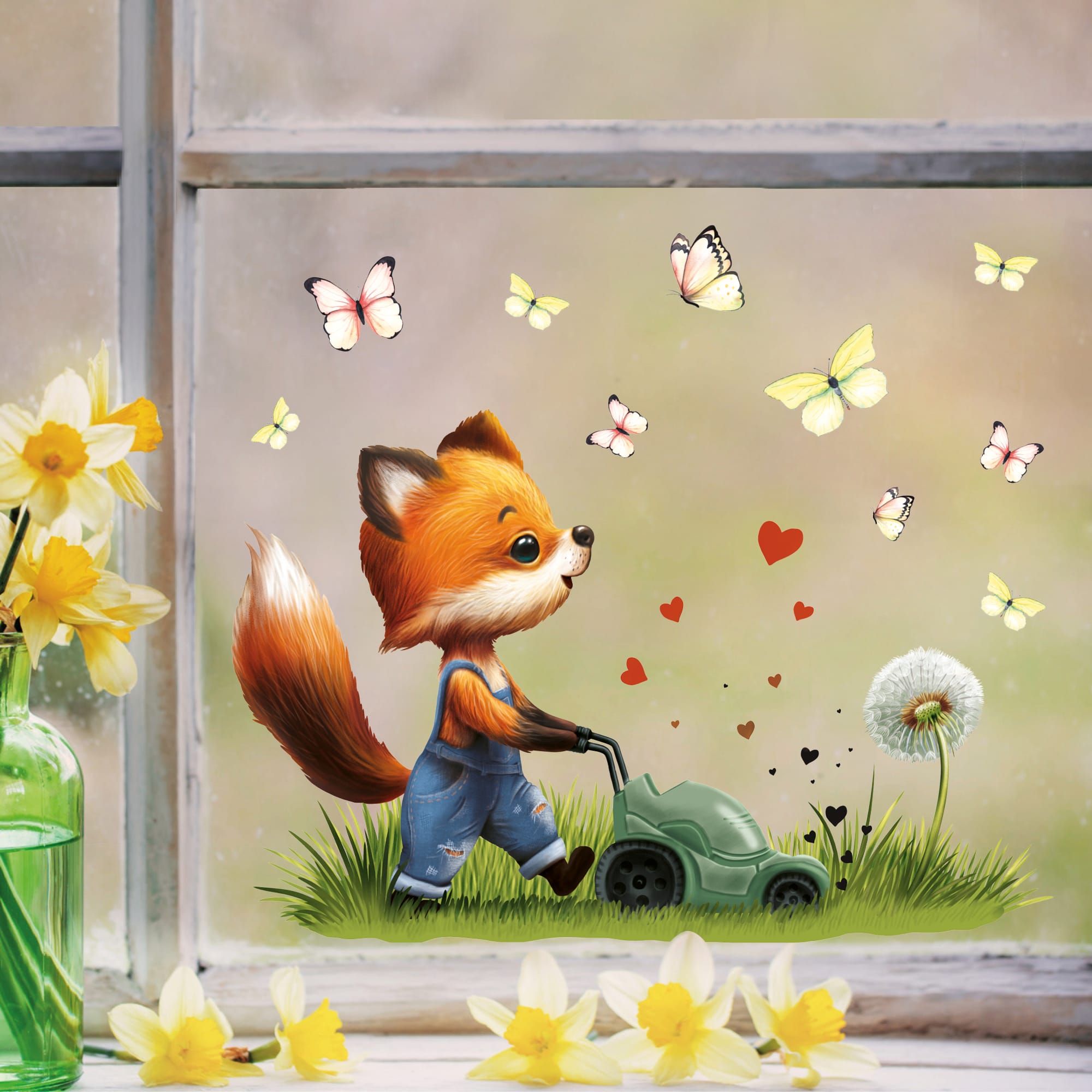 Fensterbild Frühling Ostern Fuchs mit Rasenmäher Schmetterlinge Herzen Fensterdeko Kinderzimmer Kind, Frühlingsdeko, Osterdeko