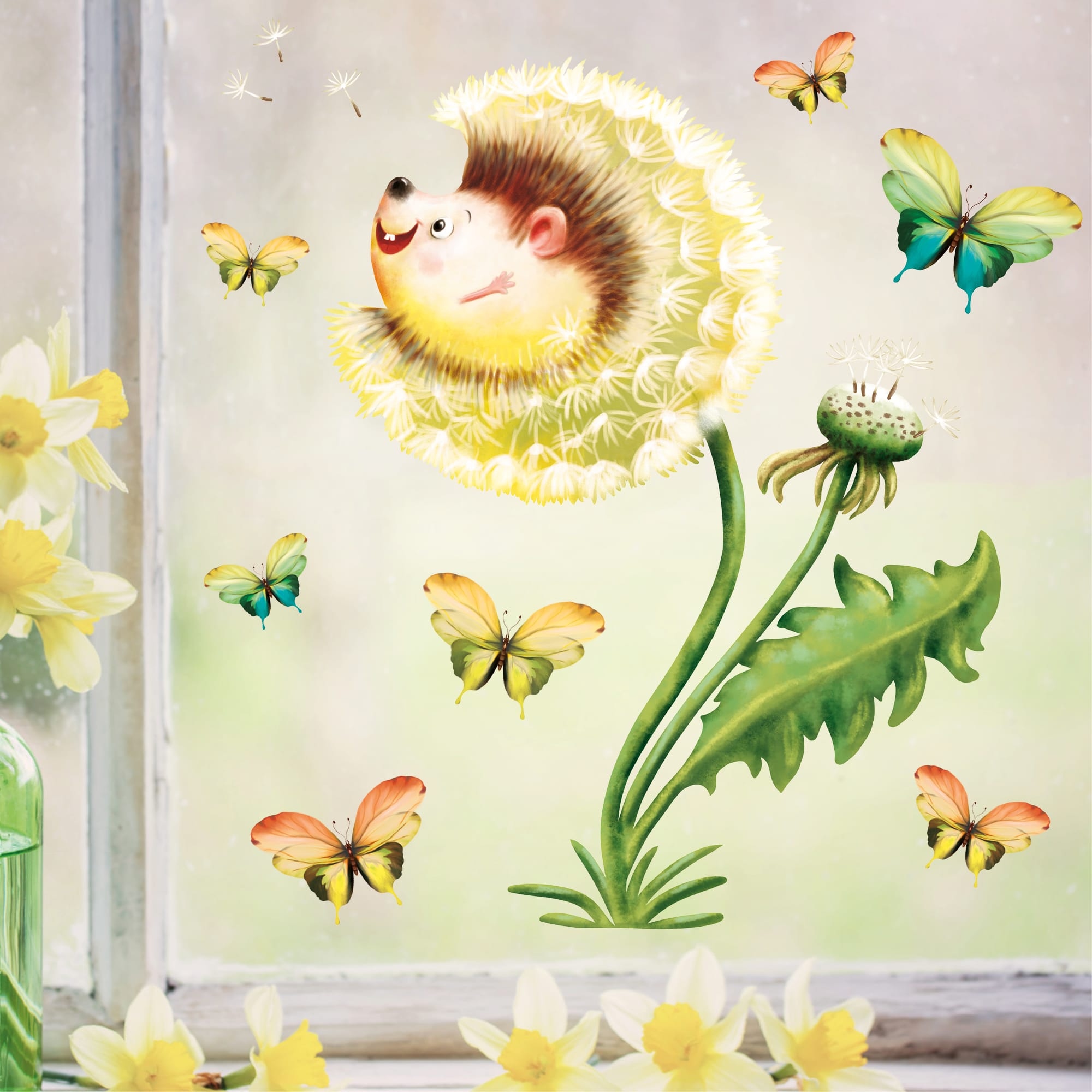 Wiederverwendbares Fensterbild Frühling Ostern Igel Pusteblume Schmetterlinge Fensterdeko Kinderzimmer Kind, Frühlingsdeko, Osterdeko