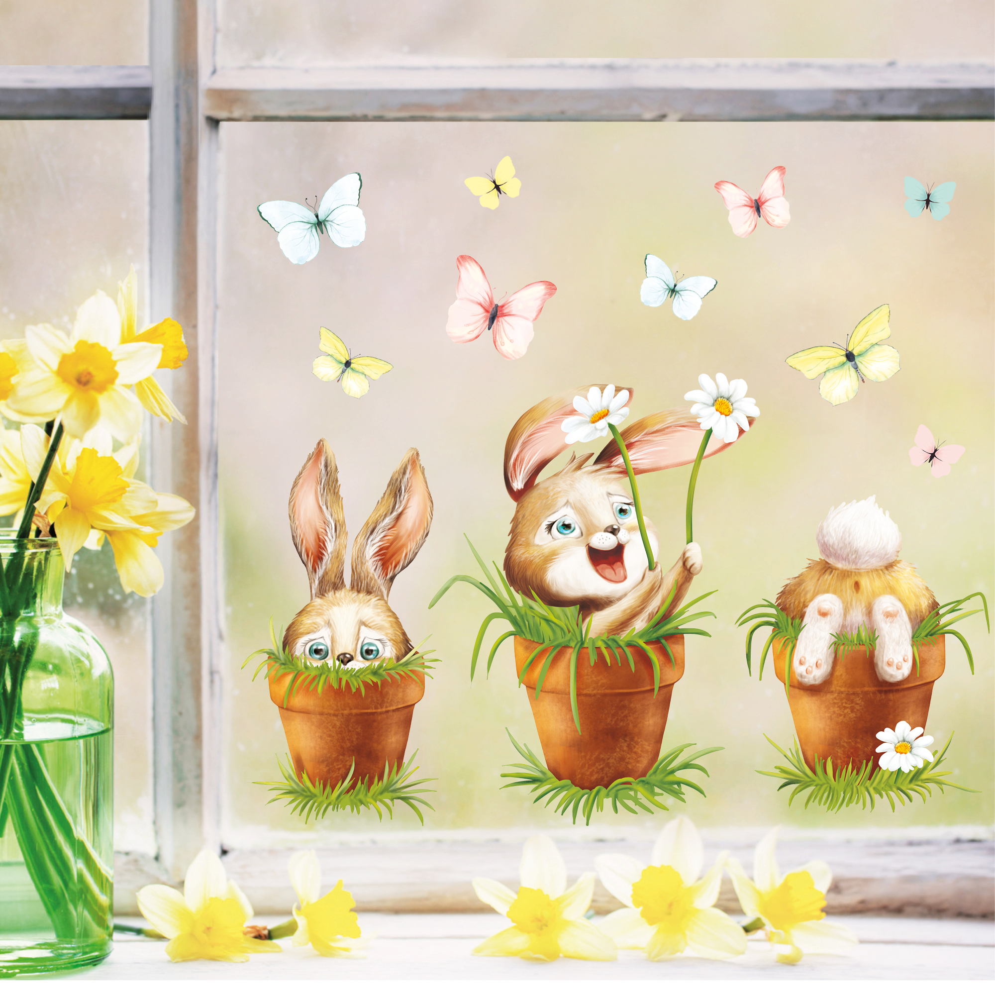 Fensterbild Frühling Ostern 3 Hasen im Blumentopf mit Schmetterlingen Fensterdeko Kinderzimmer Kind Frühlingsdeko