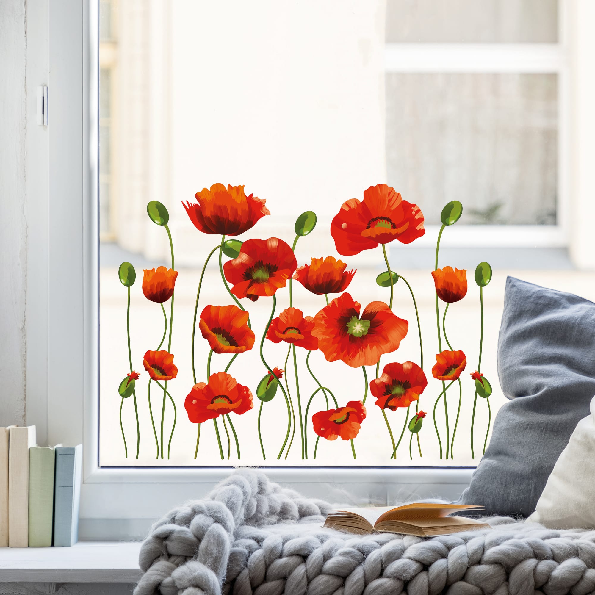 Auf dem Bild ist das Produkt: Fensterbild Frühling Ostern Mohn Mohnblumen Blumenwiese Fensterdeko Kinderzimmer Kind zum Preis von €13.9 abgebildet.