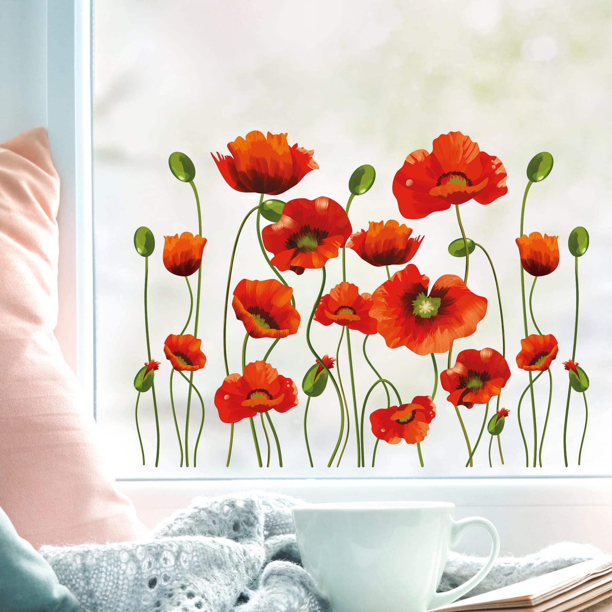 Auf dem Bild ist das Produkt: Fensterbild Frühling Ostern Mohn Mohnblumen Blumenwiese Fensterdeko Kinderzimmer Kind zum Preis von €13.9 abgebildet.