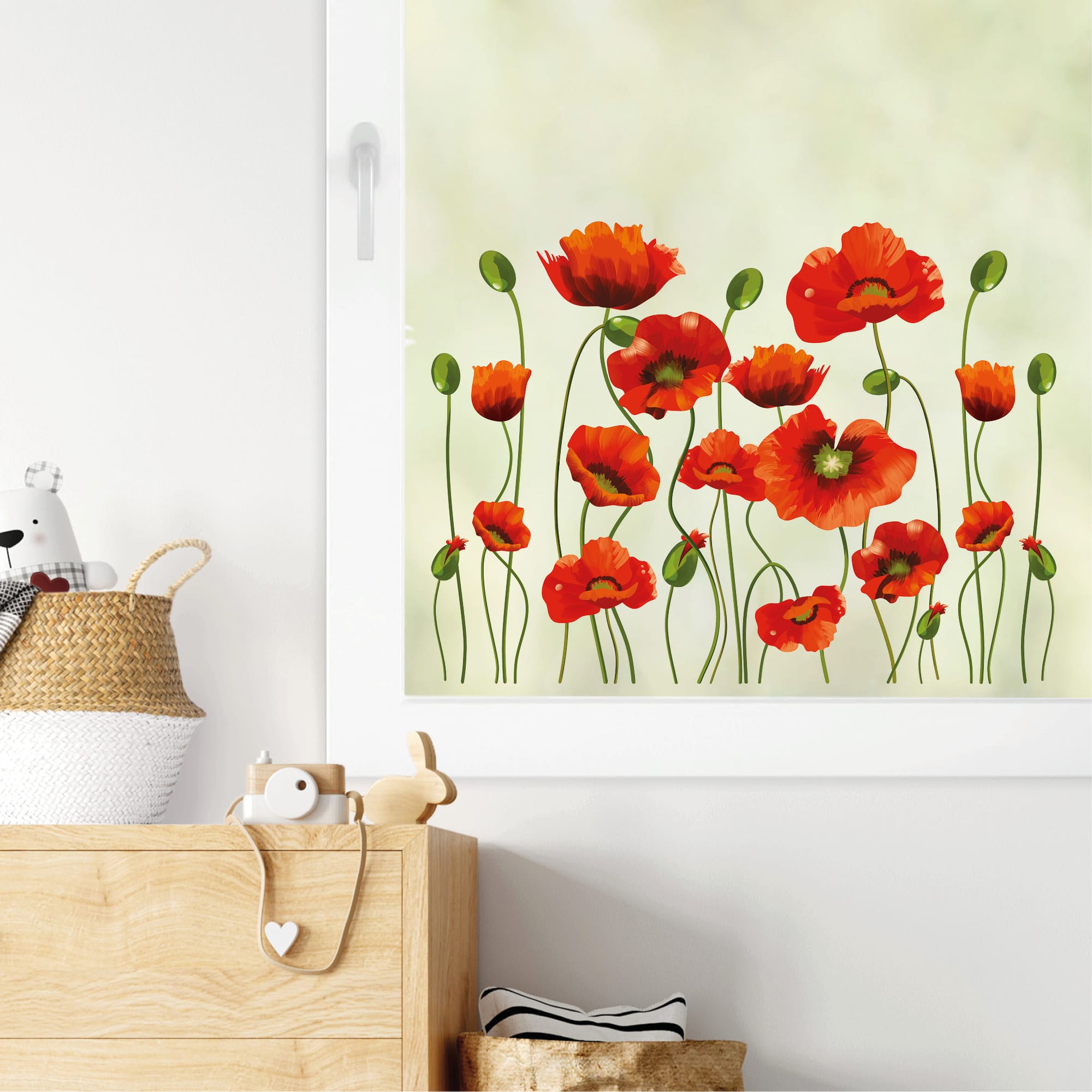 Auf dem Bild ist das Produkt: Fensterbild Frühling Ostern Mohn Mohnblumen Blumenwiese Fensterdeko Kinderzimmer Kind zum Preis von €13.9 abgebildet.