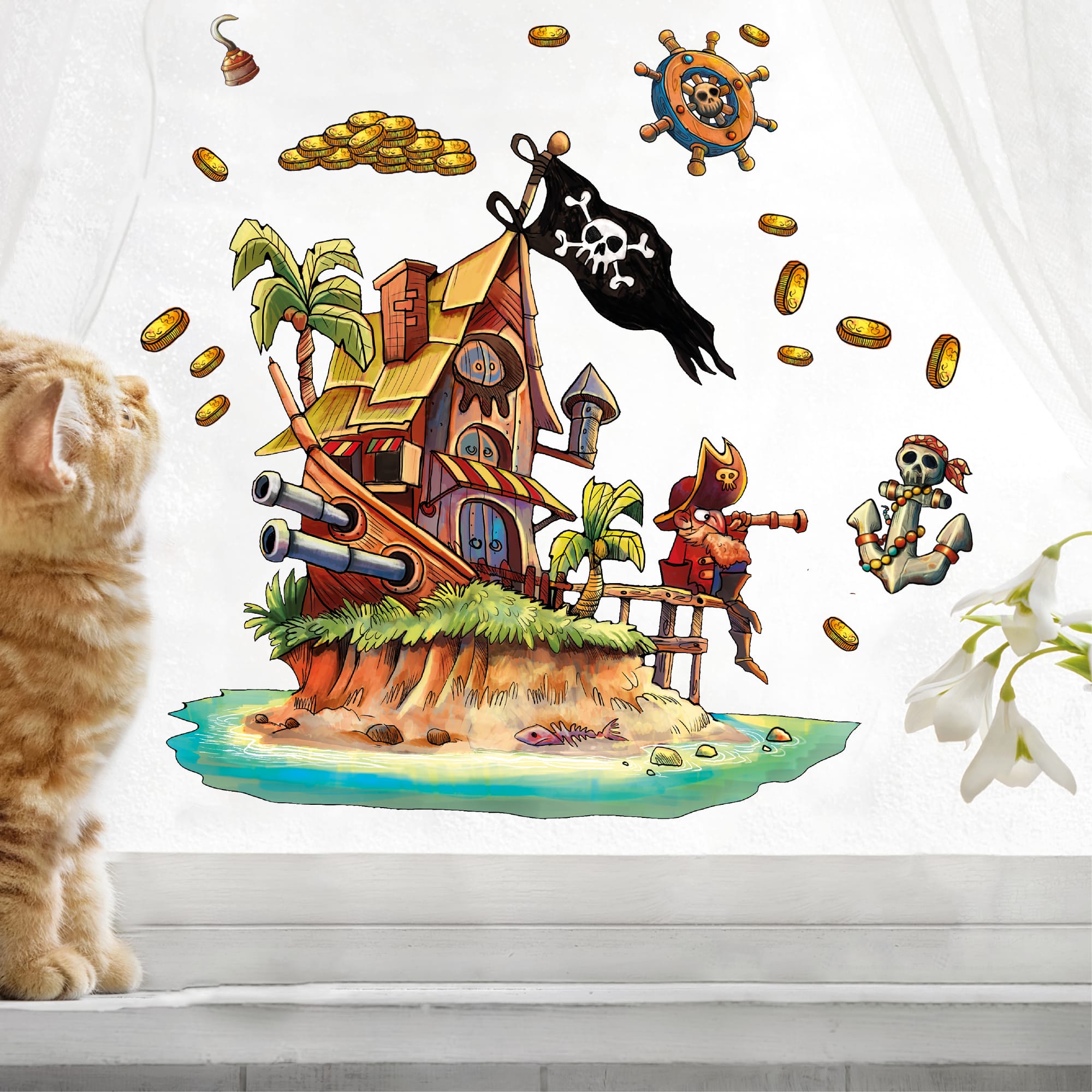 Auf dem Bild ist das Produkt: Fensteraufkleber Kinderzimmer Piratenschiff wiederverwendbare Fensterdekoration Fensterbild Pirat Pirateninsel zum Preis von €13.90 abgebildet.