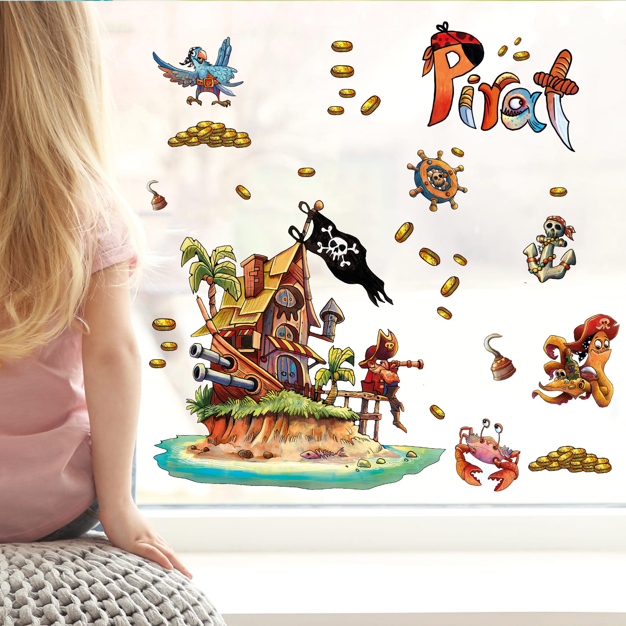 Auf dem Bild ist das Produkt: Fensteraufkleber Kinderzimmer Piratenschiff wiederverwendbare Fensterdekoration Fensterbild Pirat Pirateninsel zum Preis von €13.90 abgebildet.