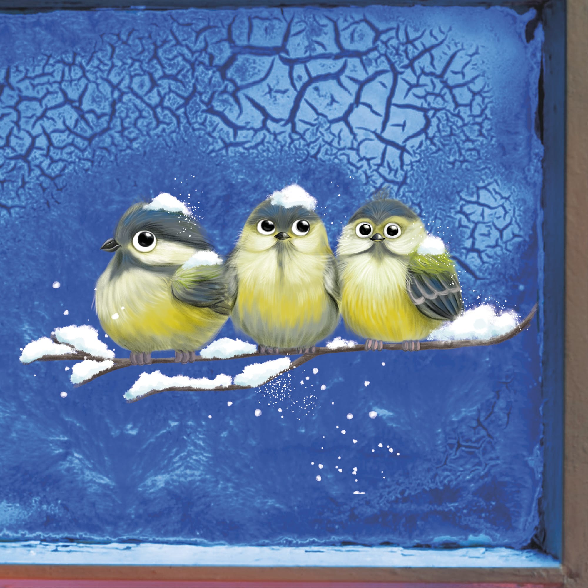 Fensterbild Weihnachten Winter Kinder Vögel mit Schnee Fensterdeko winterlich