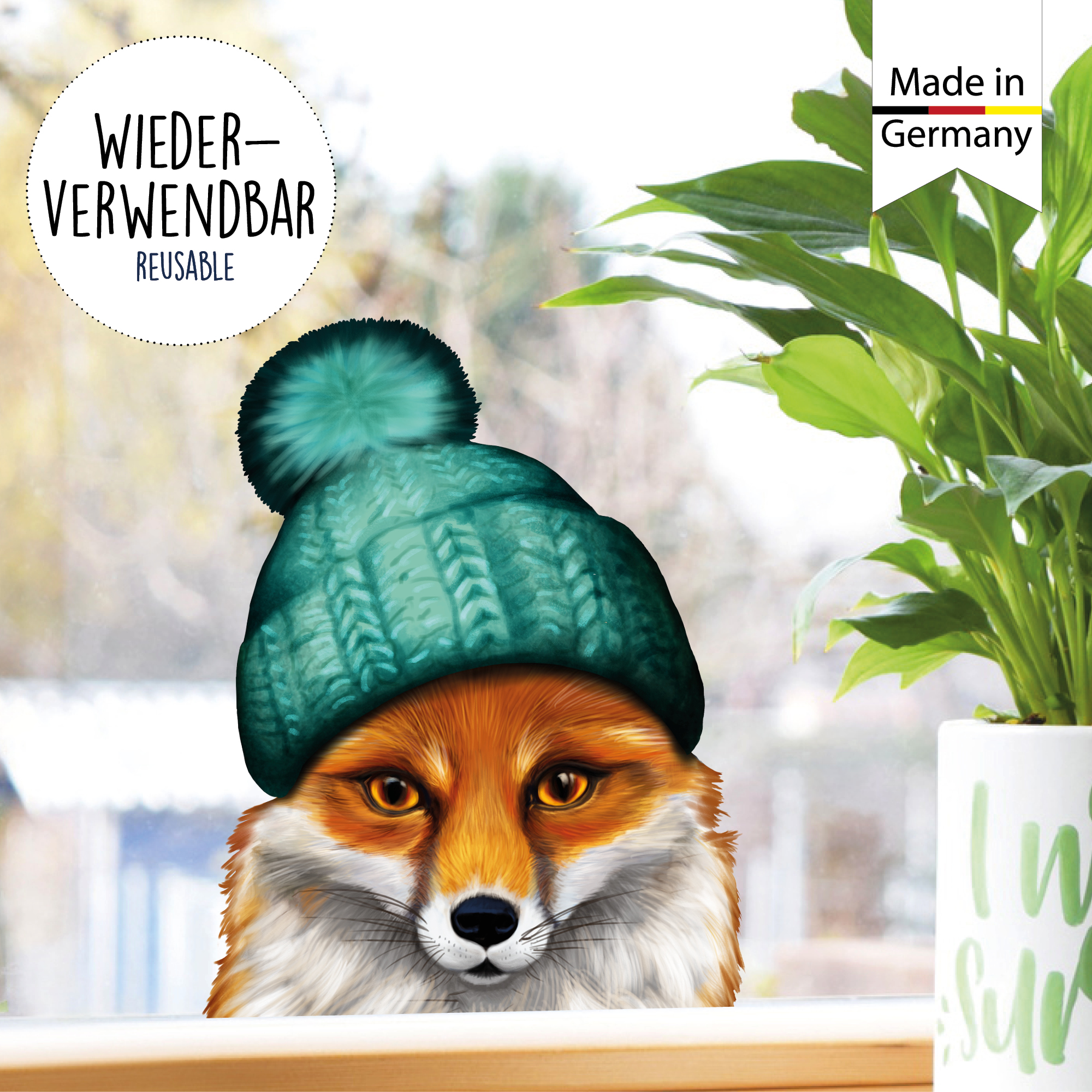 Auf dem Bild ist das Produkt: Fensterbild Tierköpfe mit Mütze Winter winterlicher herbstlicher Fensteraufkleber Fensterdeko wiederverwendbar zum Preis von €13.90 abgebildet.