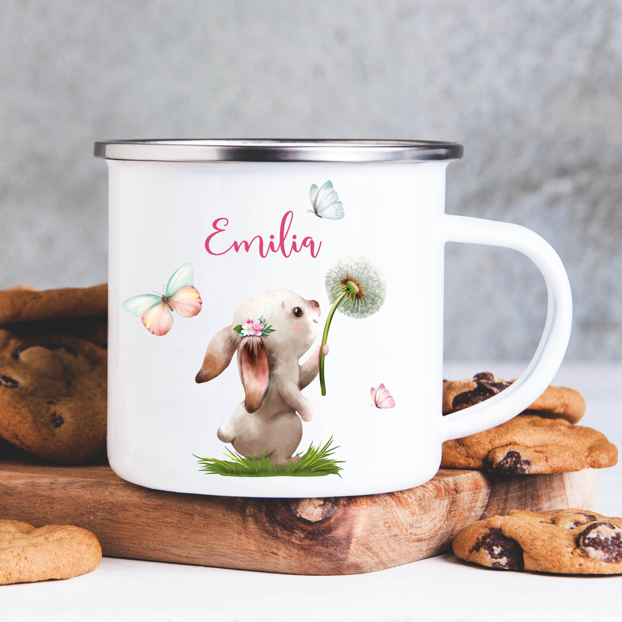 Kindertasse Emaille Campingbecher Hase mit Pusteblume Kaffeebecher personalisiert mit Wunschnamen