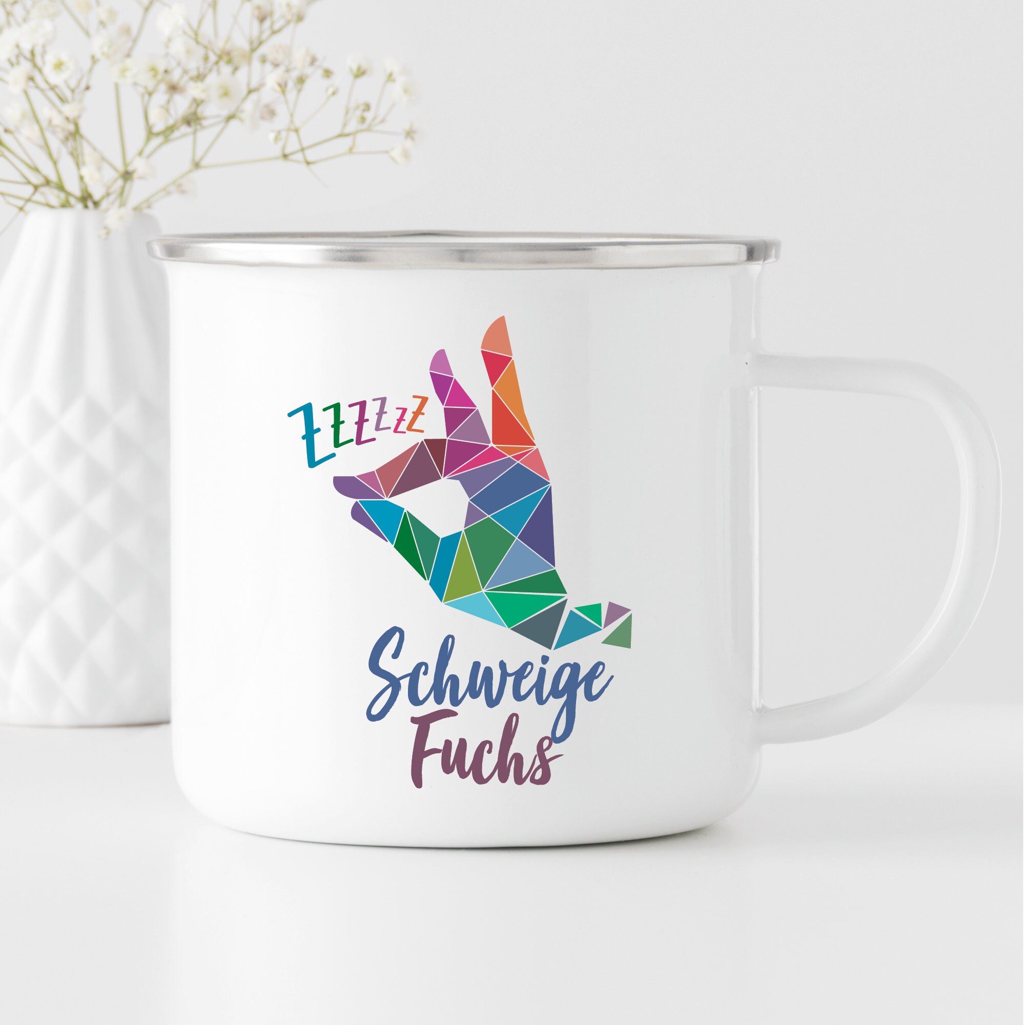 Becher Emaille Schweigefuchs Edelstahl Geschenk Geburtstag Kaffeebecher Kindertasse