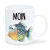 Auf dem Bild ist das Produkt: Bedruckte Keramik Tasse Fisch Moin maritim Geschenk Geburtstag 330 ml weiß zum Preis von €15.90 abgebildet.
