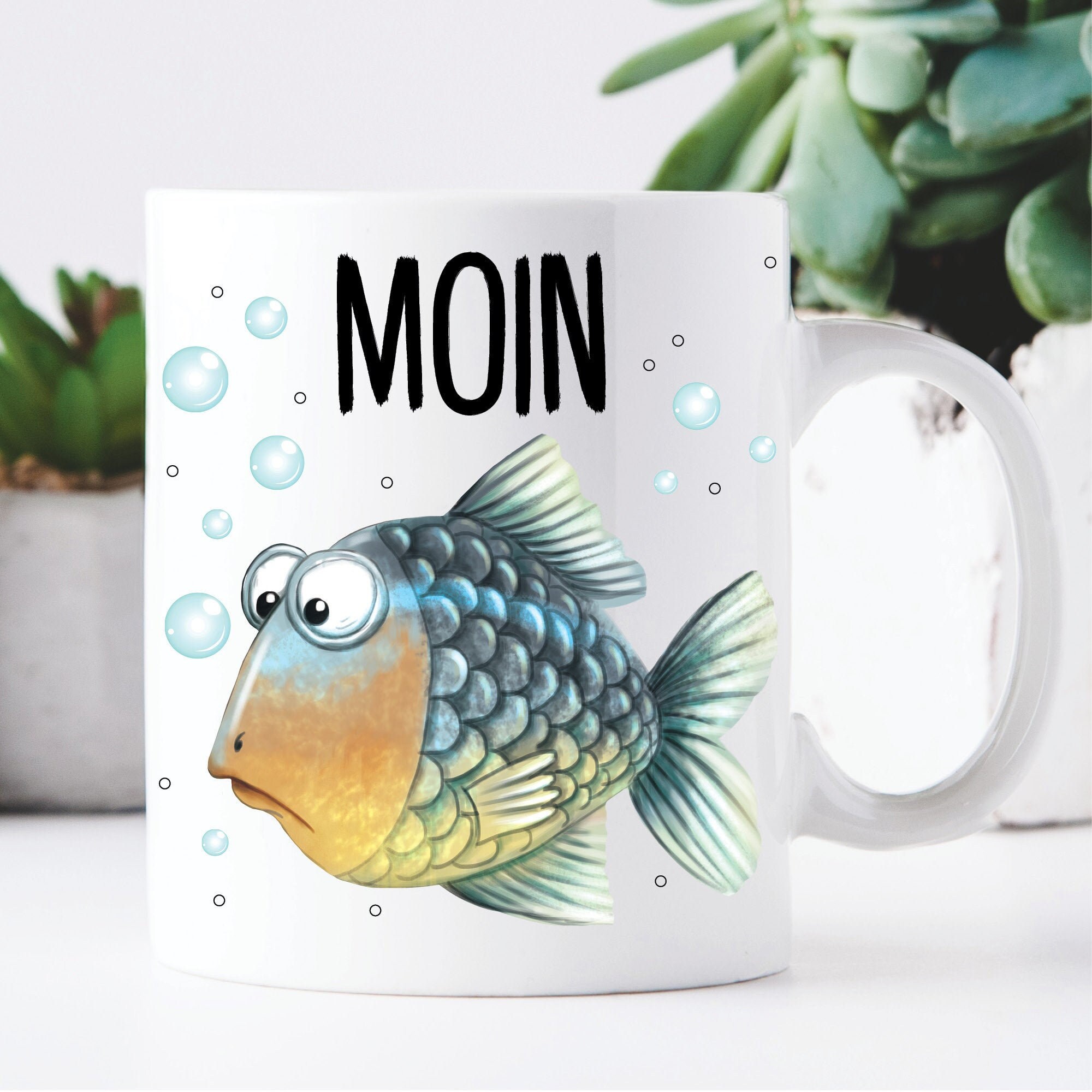 Bedruckte Keramik Tasse Fisch Moin maritim Geschenk Geburtstag 330 ml weiß