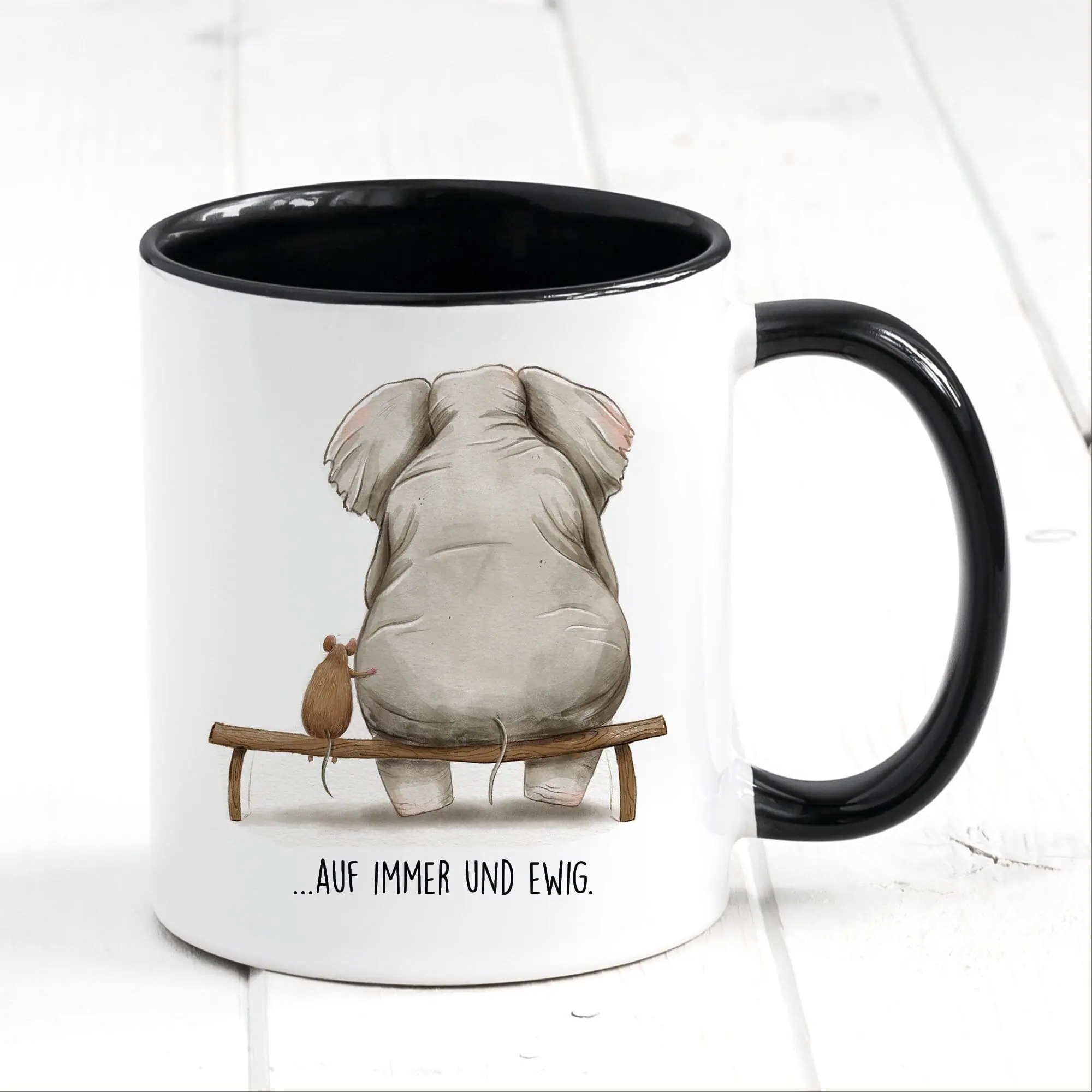 Auf dem Bild ist das Produkt: Bedruckte Tasse Auf immer und ewig mit Maus und Elefant, Geschenk Geburtstag Kaffeetasse Kaffeebecher Liebe Freundschaft zum Preis von €17.90 abgebildet.
