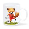 Auf dem Bild ist das Produkt: Bedruckte Tasse Becher Fuchs Fussballfan personalisiert mit Wunschname, Geschenk Geburtstag zum Preis von €17.90 abgebildet.