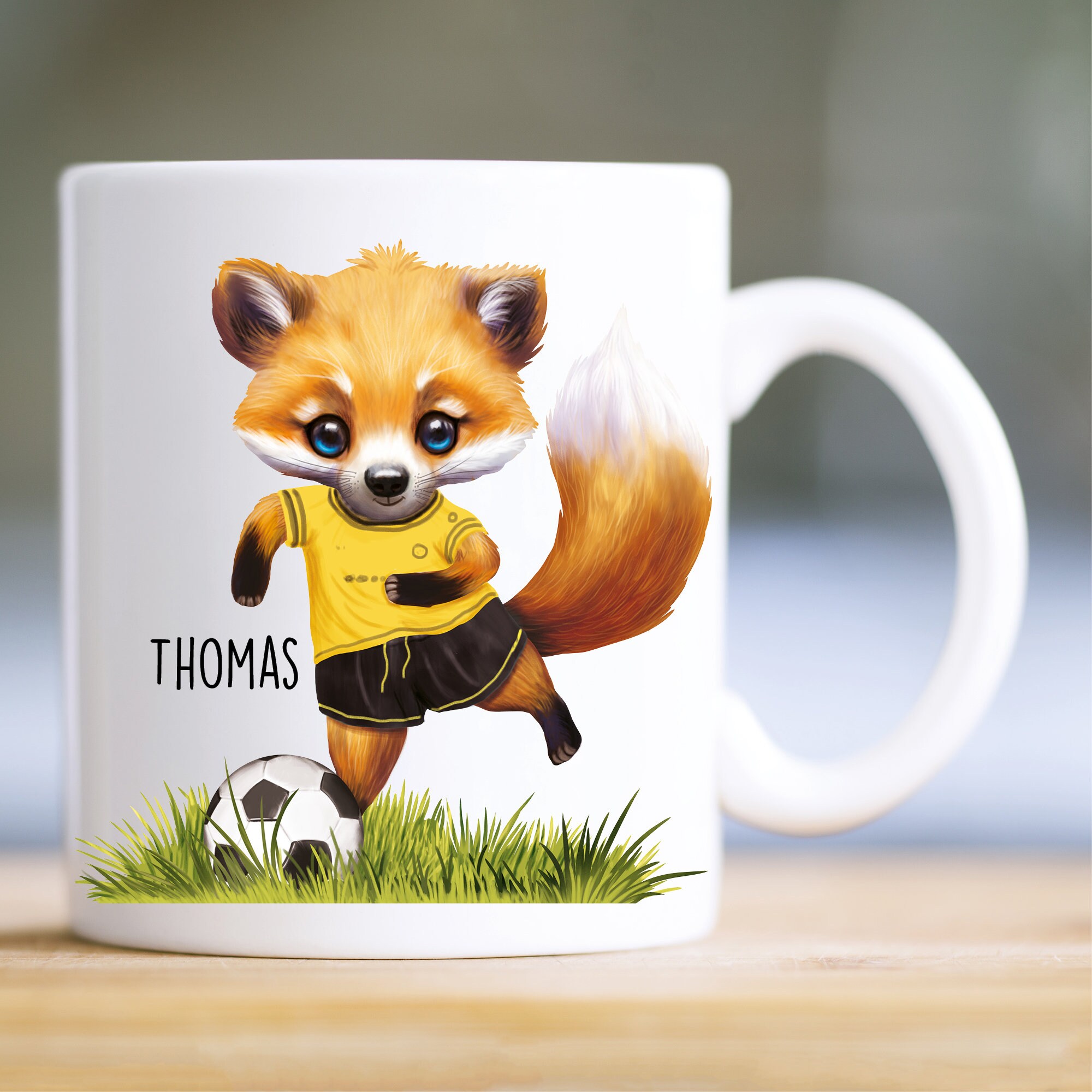 Bedruckte Tasse Becher Fuchs Fussballfan personalisiert mit Wunschname, Geschenk Geburtstag