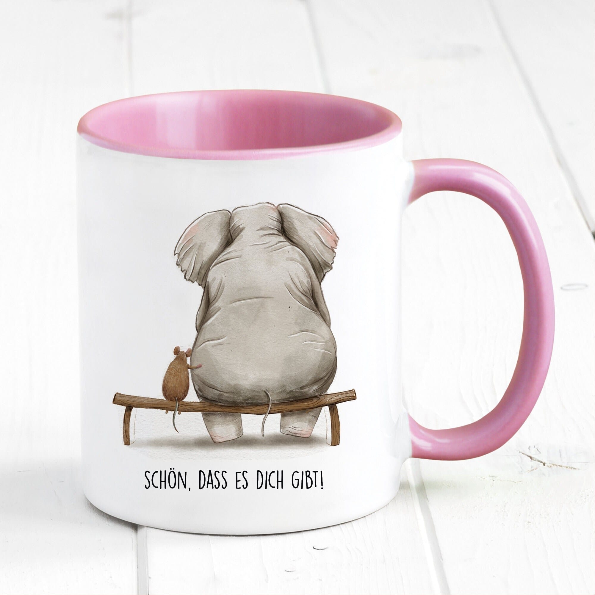 Bedruckte Tasse Schön, dass es dich gibt mit Maus und Elefant, Geschenk Geburtstag Kaffeetasse Kaffeebecher Liebe Freundschaft