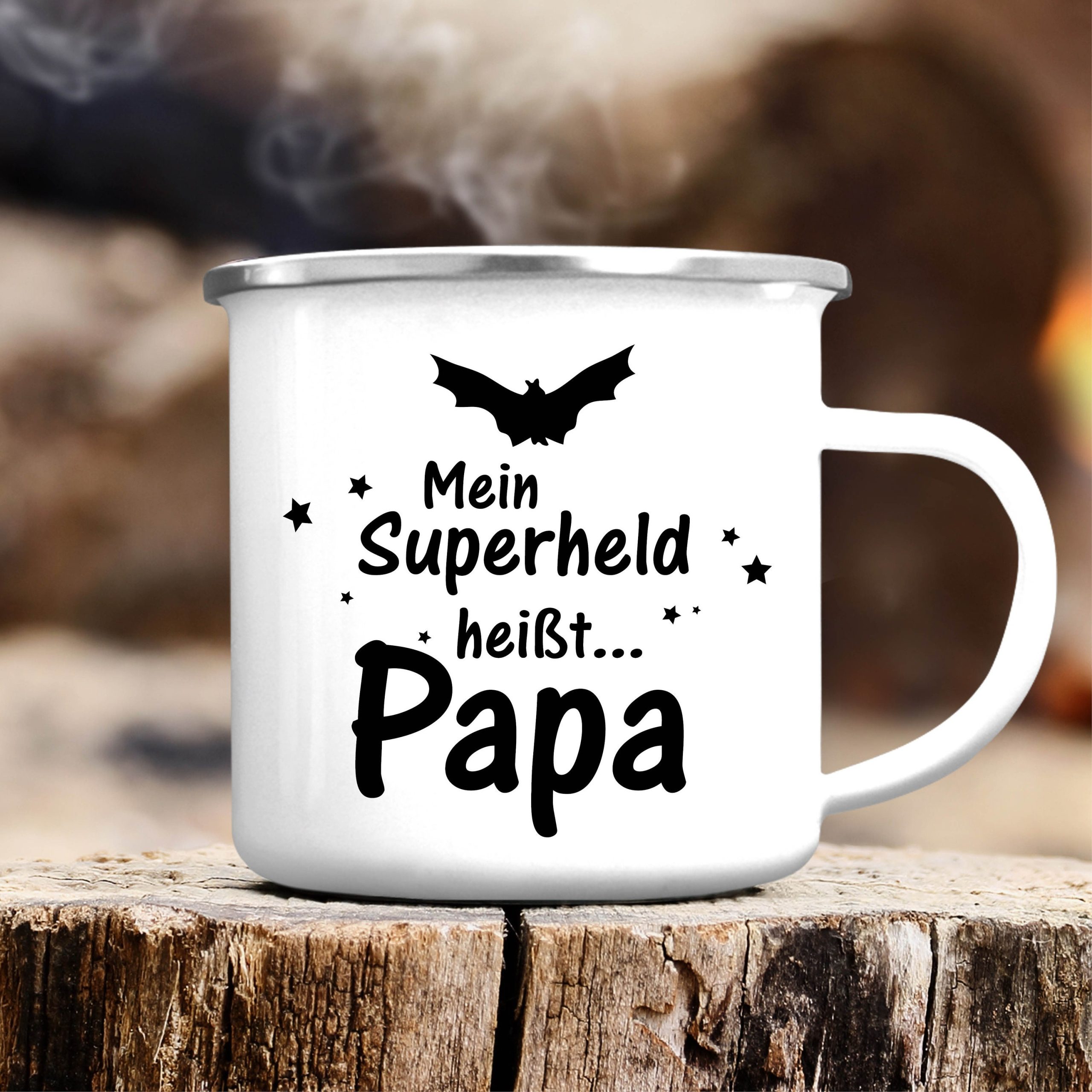 Bedruckter Campingbecher Emaille Mein Superheld heißt Papa Geschenk Geburtstag Vatertag