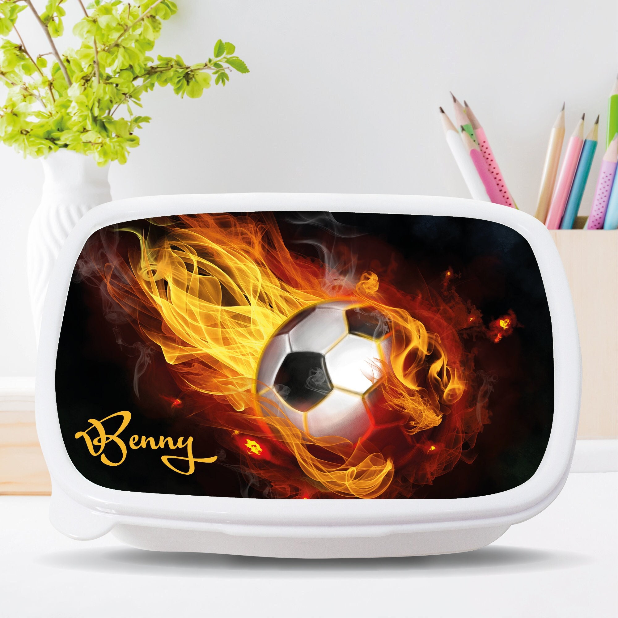 Brotdose Fußball Feuer personalisiert mit Wunschnamen Schule Geschenk Einschulung, Geschenk Geburtstag, Einschulungsgeschenk