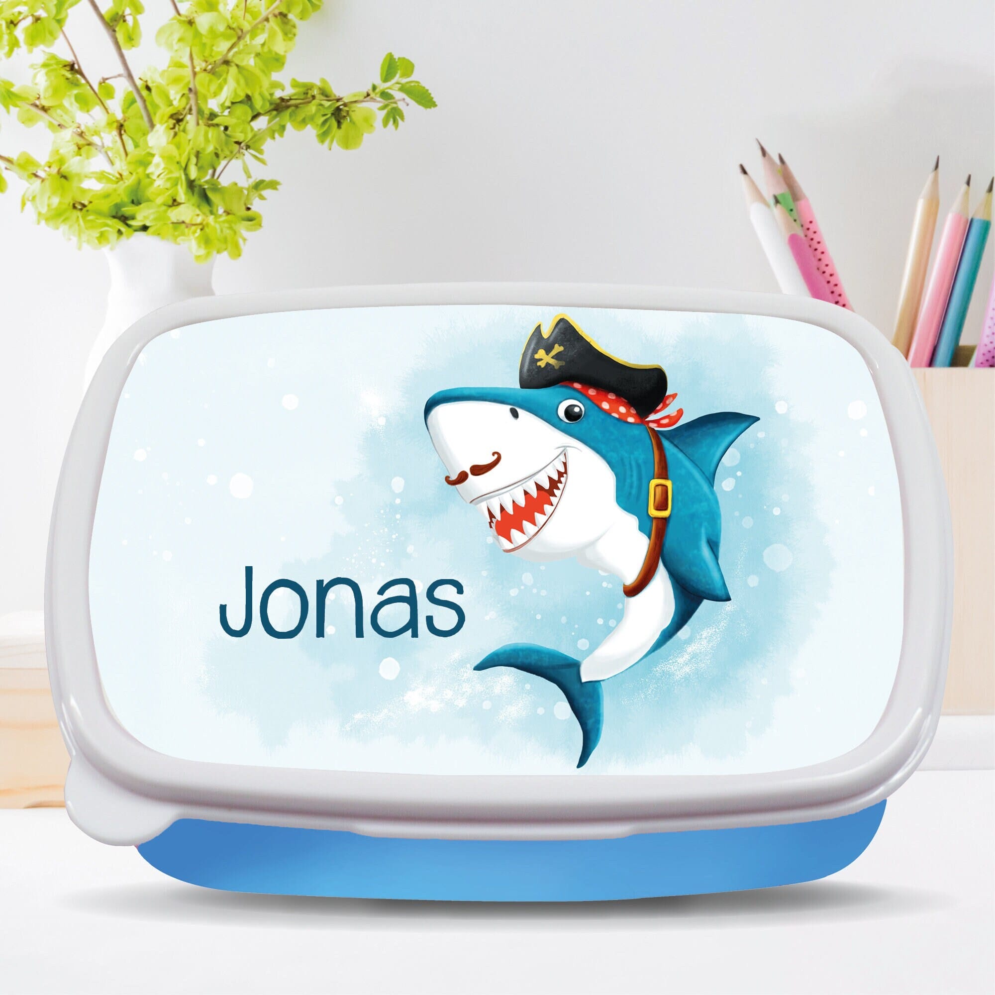 Personalisierbare Brotdose Hai mit Piratenhut Wunschname Schule individuelles Geschenk Einschulung Geburtstag