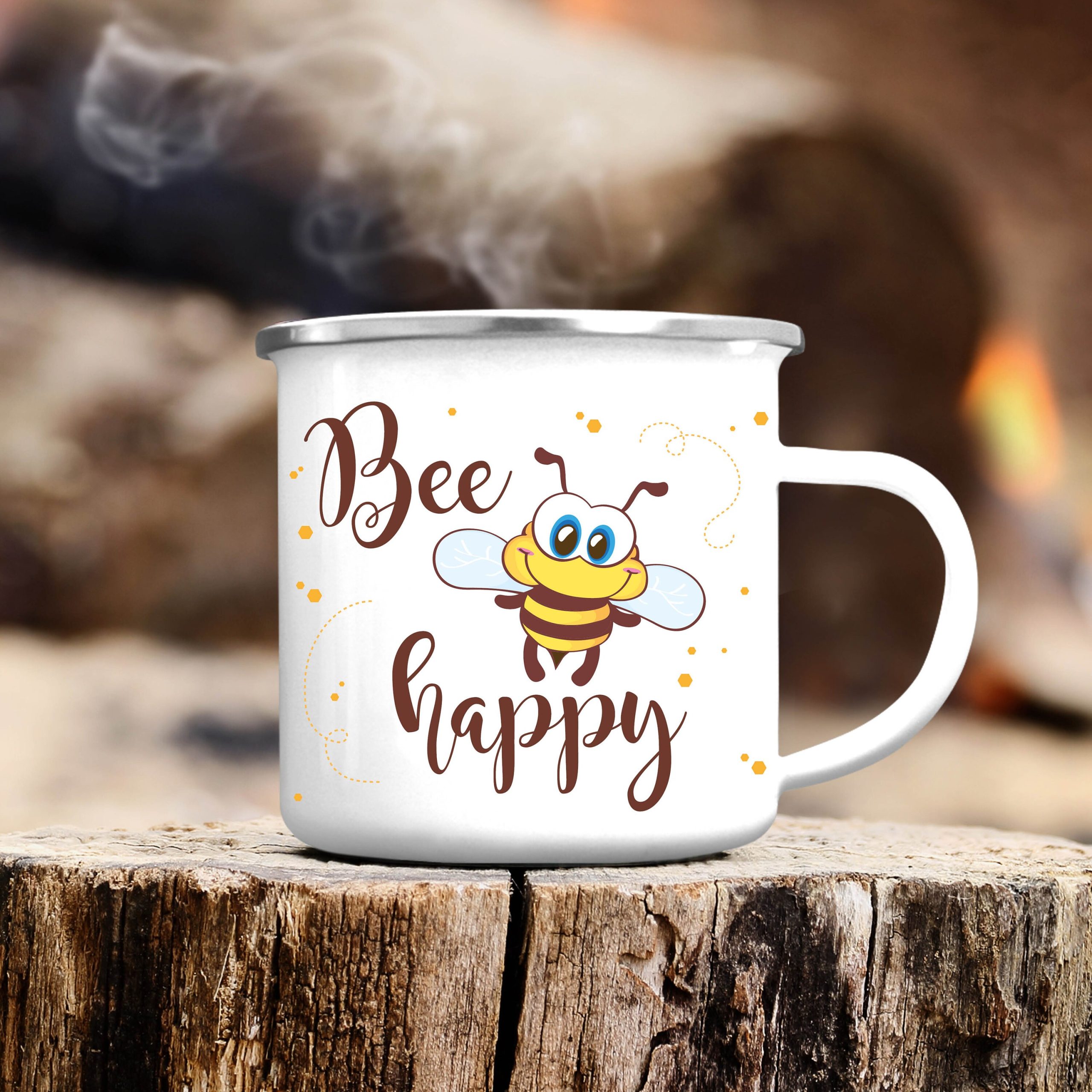 Campingbecher Bee Happy Biene Punkte Emaille, Geschenk Geburtstag