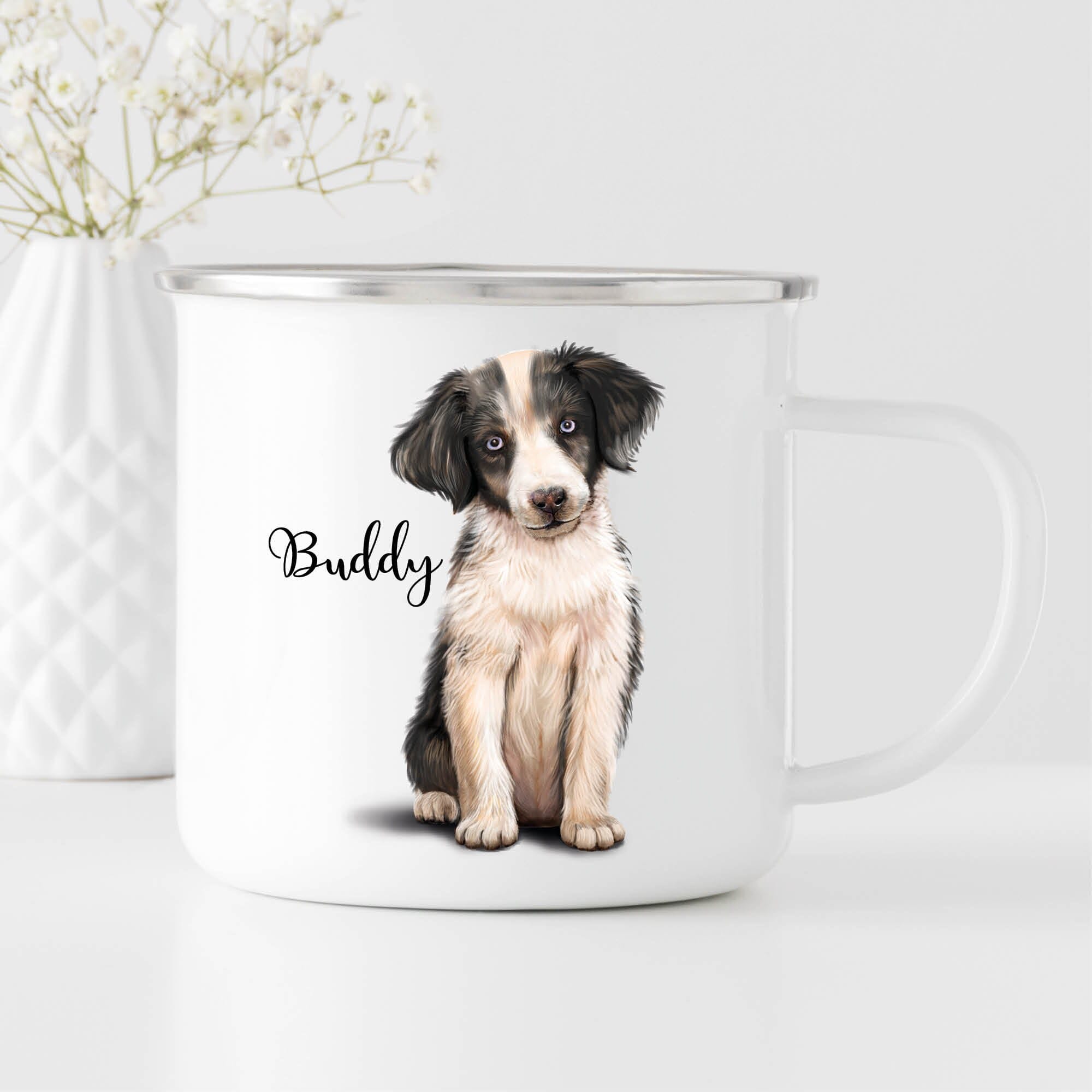 Campingbecher Emaille Hund Australian Shepherd mit Wunschname Emaille Tasse personalisiertes Geschenk