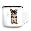 Auf dem Bild ist das Produkt: Campingbecher Emaille Hund Chihuahua mit Wunschname Emaille Tasse zum Preis von €18.9 abgebildet.