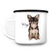 Auf dem Bild ist das Produkt: Campingbecher Emaille Hund Chihuahua mit Wunschname Emaille Tasse zum Preis von €18.9 abgebildet.