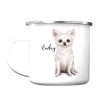 Auf dem Bild ist das Produkt: Campingbecher Emaille Hund Chihuahua mit Wunschname Emaille Tasse zum Preis von €18.9 abgebildet.