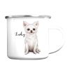 Auf dem Bild ist das Produkt: Campingbecher Emaille Hund Chihuahua mit Wunschname Emaille Tasse zum Preis von €18.9 abgebildet.