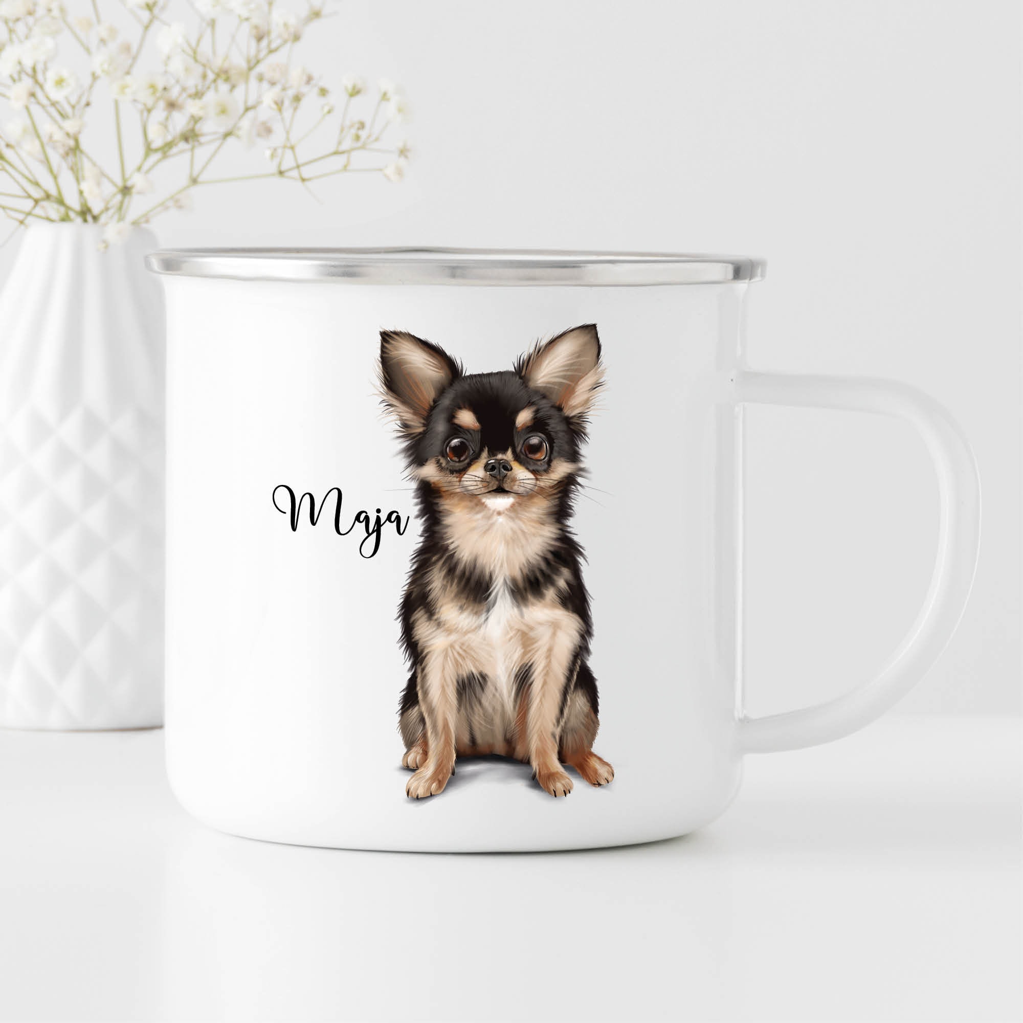 Campingbecher Emaille Hund Chihuahua mit Wunschname Emaille Tasse