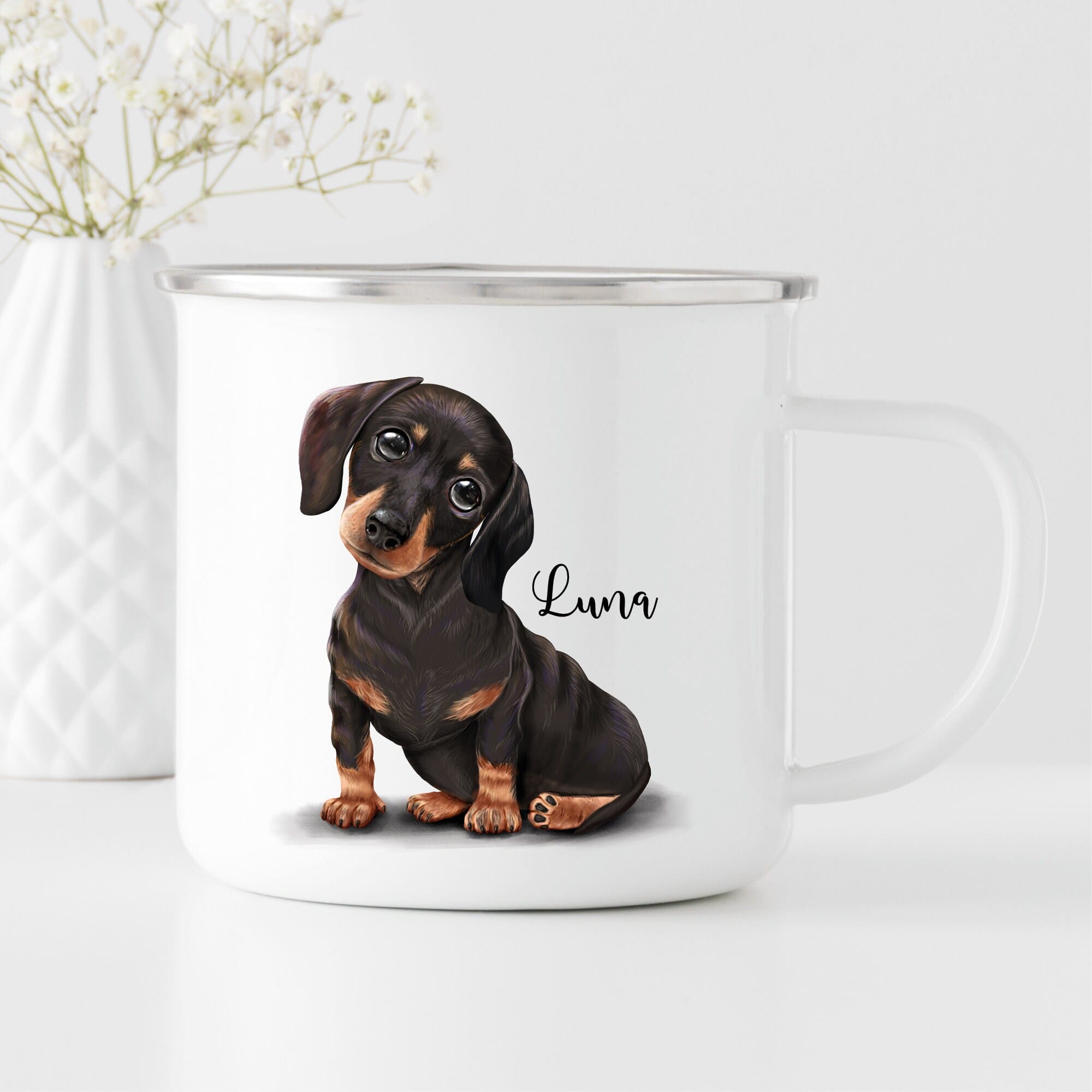 Campingbecher Emaille Hund Dackel mit Wunschname Emaille Tasse, personalisiertes Geschenk