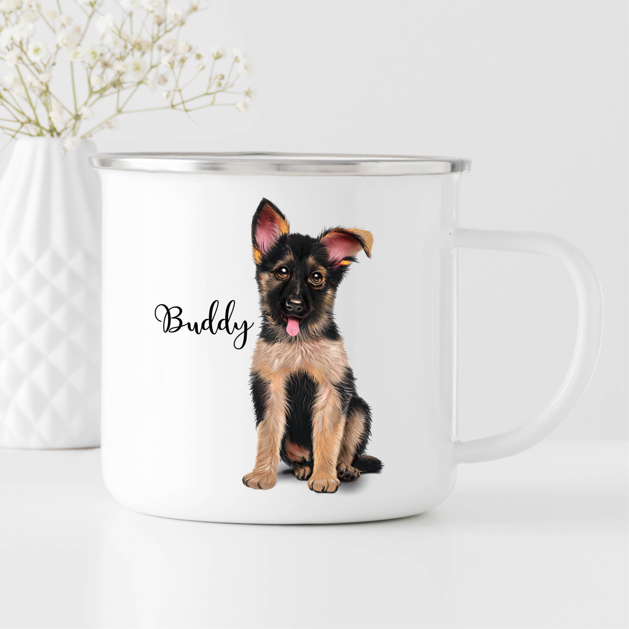 Campingbecher Emaille Hund Deutscher Schäferhund mit Wunschname Emaille Tasse personalisiertes Geschenk