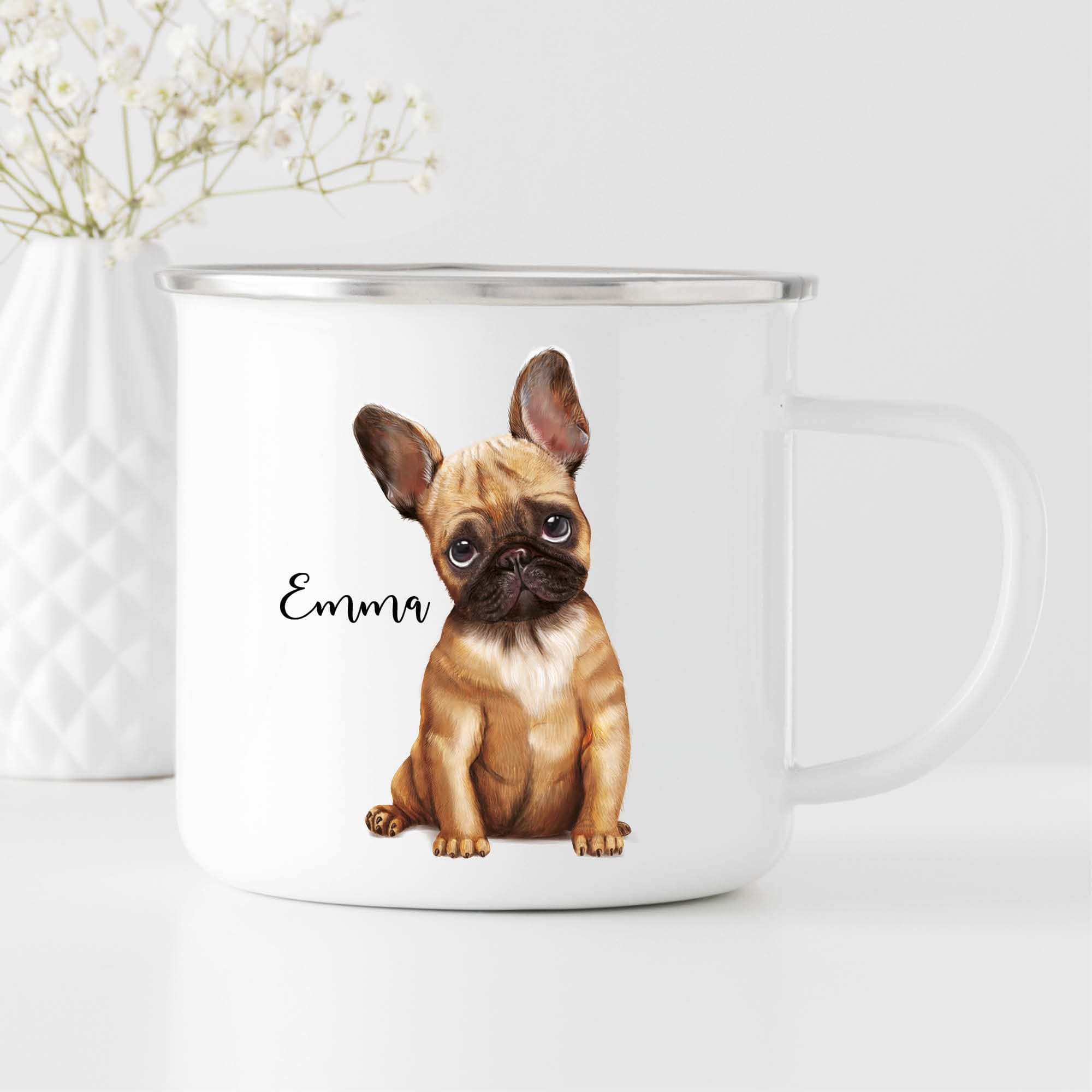 Campingbecher Emaille Hund Französische Bulldogge Wunschname Emaille Tasse personalisiertes Geschenk