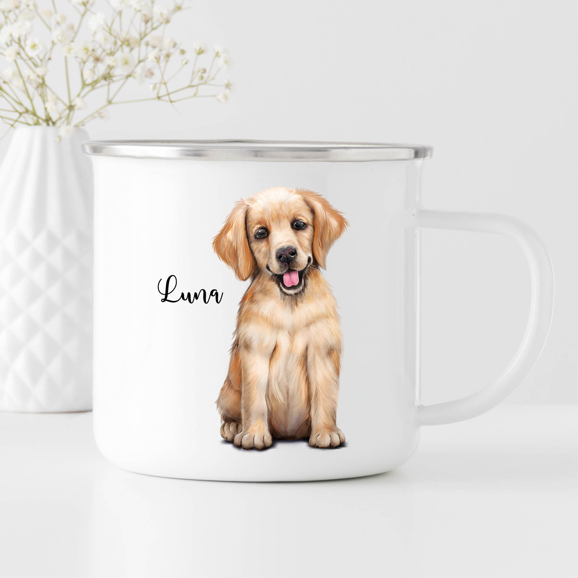 Campingbecher Emaille Hund Golden Retriever mit Wunschname Tasse