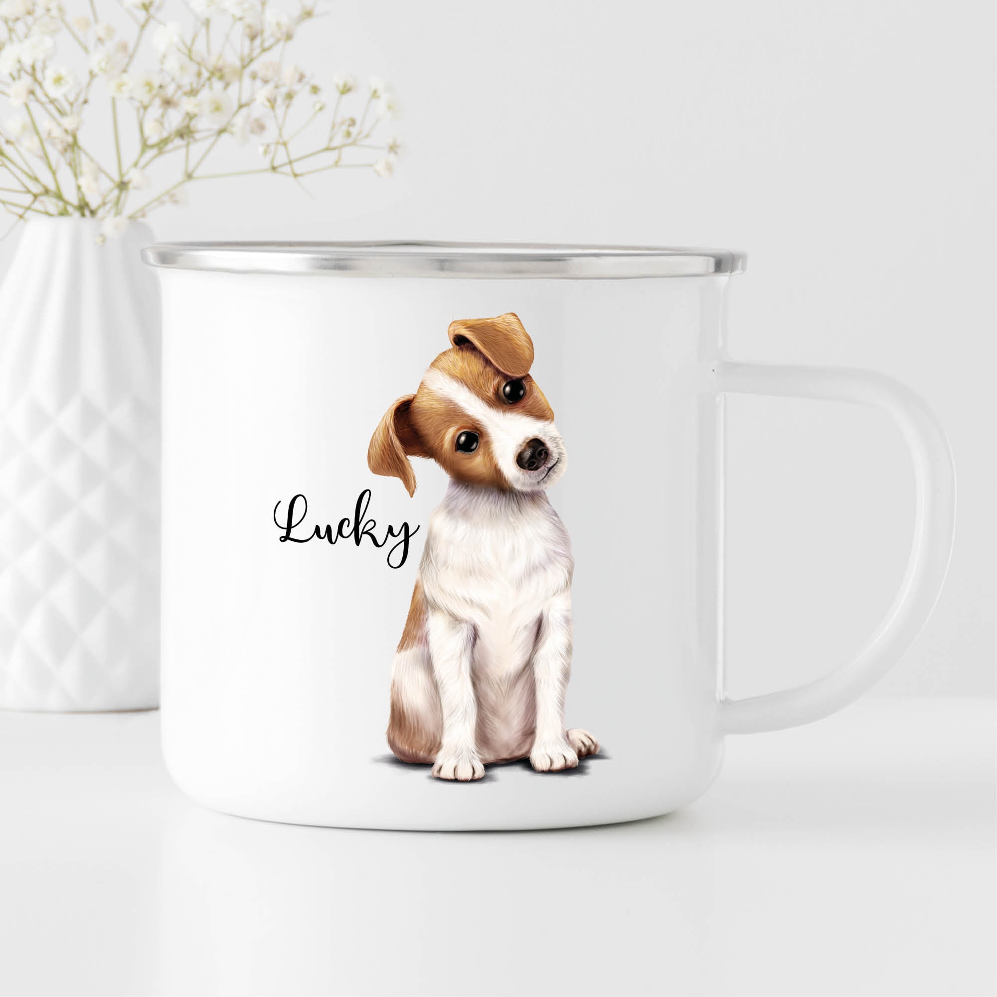 Campingbecher Emaille Hund Jack Russel Terrier mit Wunschname Emaille Tasse personalisiertes Geschenk