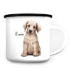Auf dem Bild ist das Produkt: Campingbecher Emaille Hund Labrador mit Wunschname Emaille Tasse personalisiertes Geschenk zum Preis von €18.9 abgebildet.