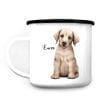Auf dem Bild ist das Produkt: Campingbecher Emaille Hund Labrador mit Wunschname Emaille Tasse personalisiertes Geschenk zum Preis von €18.9 abgebildet.