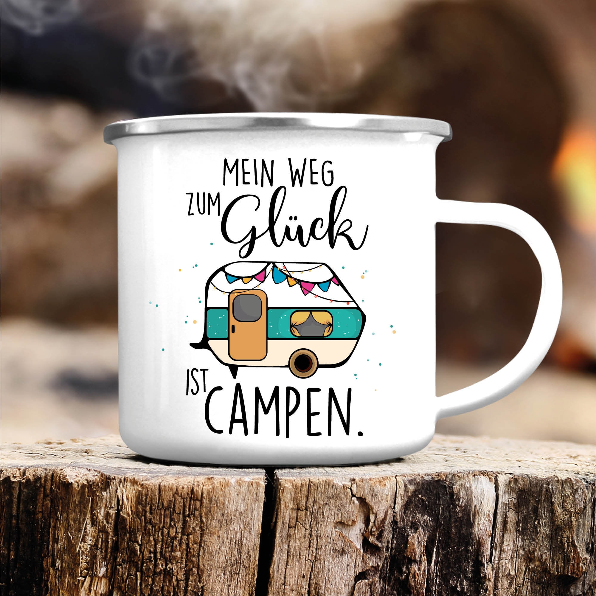 Campingbecher Emaille Mein Weg zum Glück ist campen Wohnwagen Geschenk für Camper Tasse
