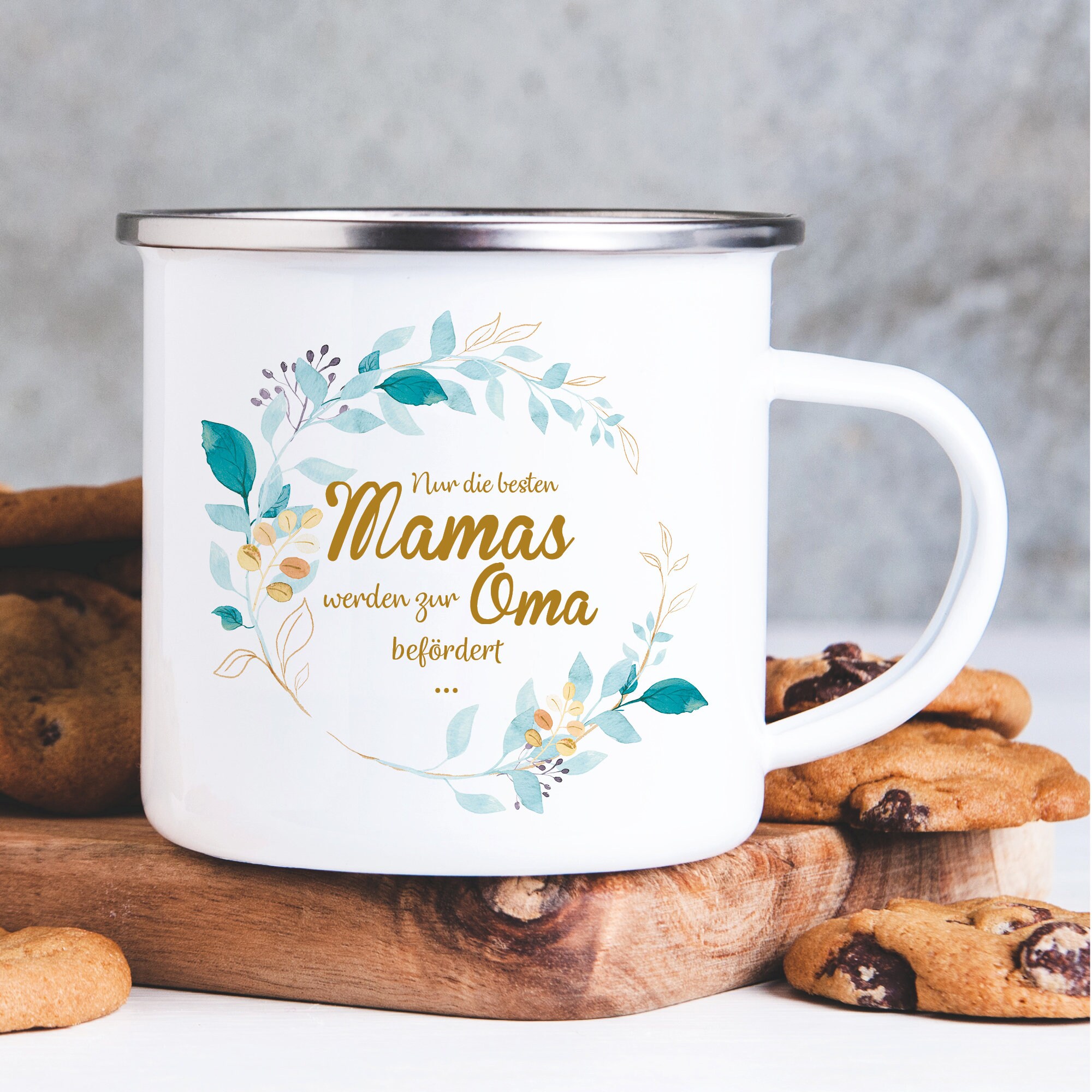 Campingbecher Emaille Nur die besten Mamas werden zur Oma befördert… Geschenk Mama Oma grüner Blätterkranz